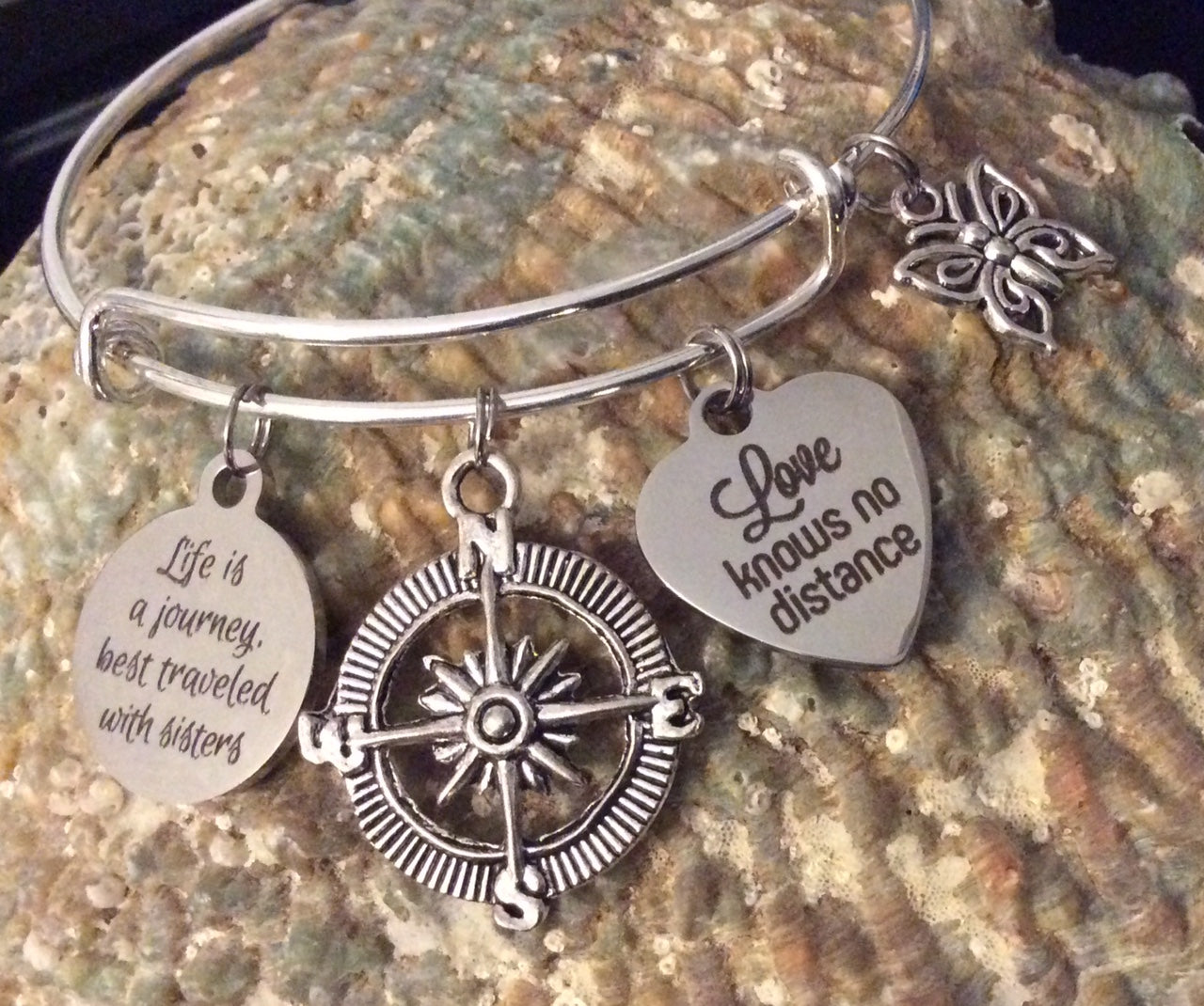 Life is a Journey Best Traveled with Sisters Jewelry Expandable Charm Bracelet Love Knows No Distanc