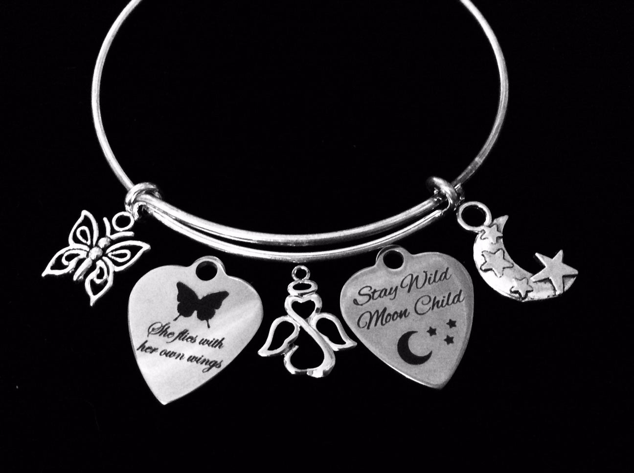 Stay Wild Moon Child She Flies With Her Own Wings Adjustable Charm Bracelet Expandable Silver Bangle