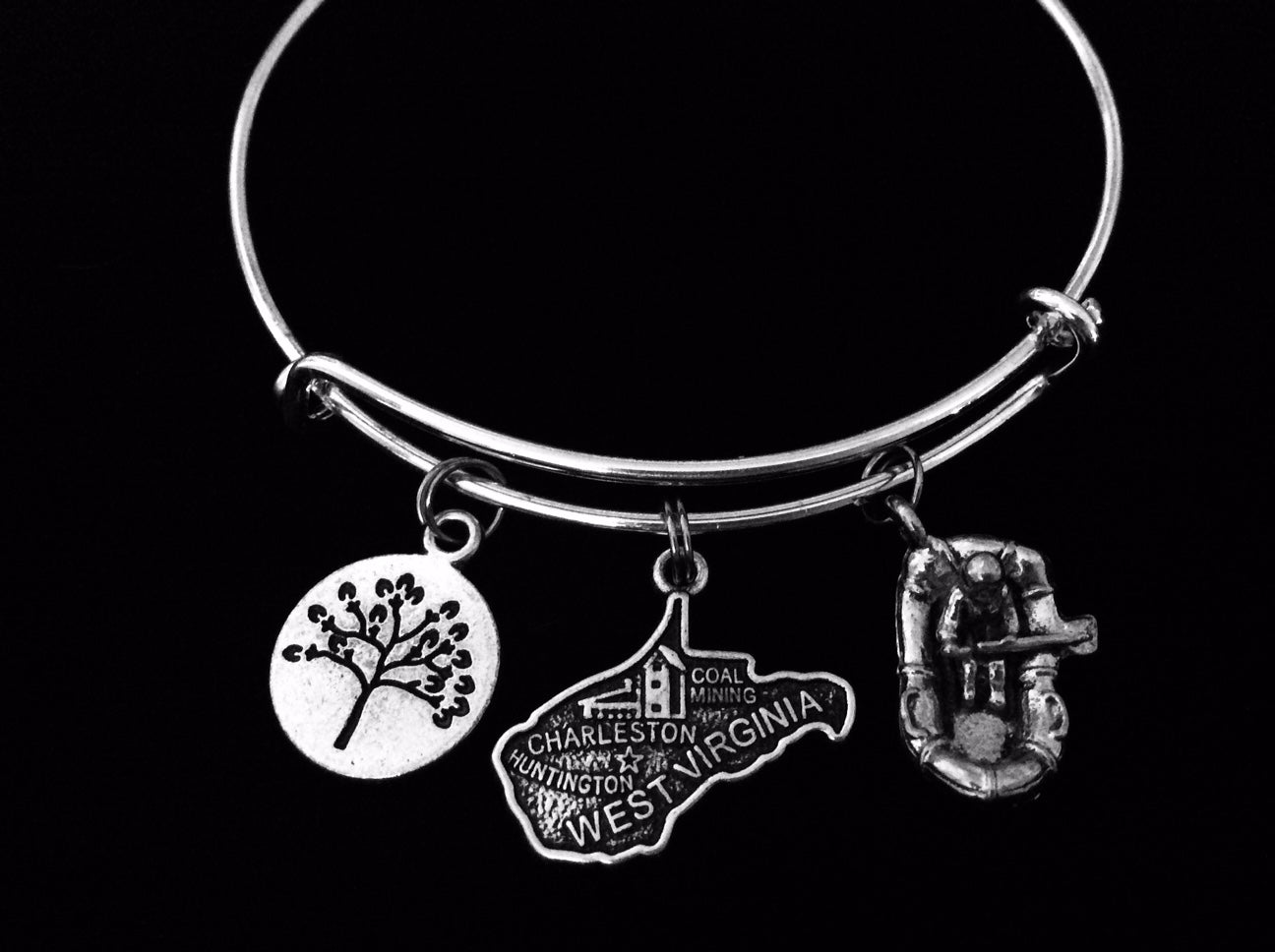 West Virginia Charm Bracelet White Water Rafting Jewelry Expandable Adjustable Silver Charm Bracelet