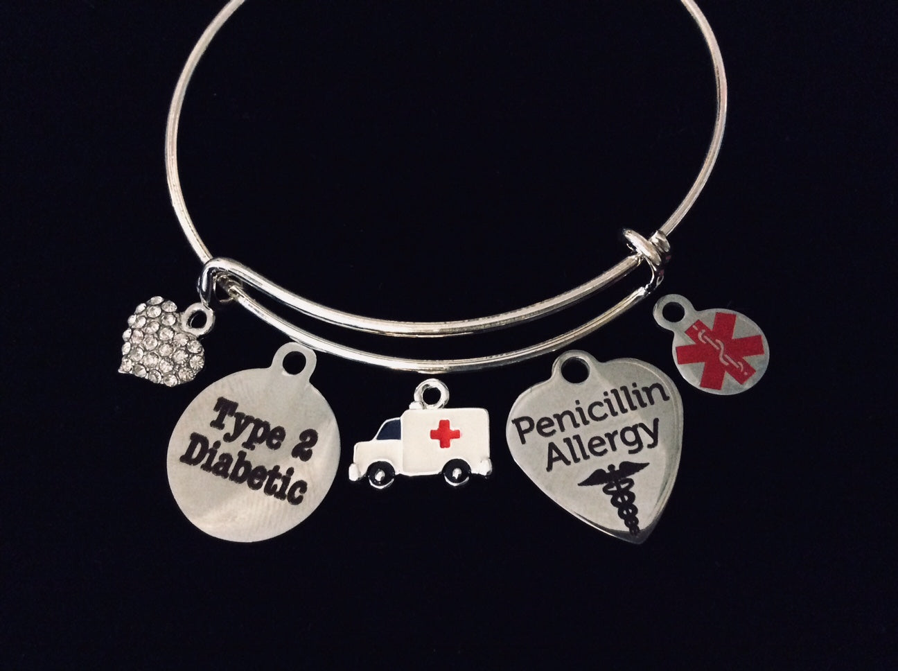 Medical Bracelet Jewelry Type 2 Diabetic Penicillin Allergy Charm Bracelet Silver Expandable Adjusta