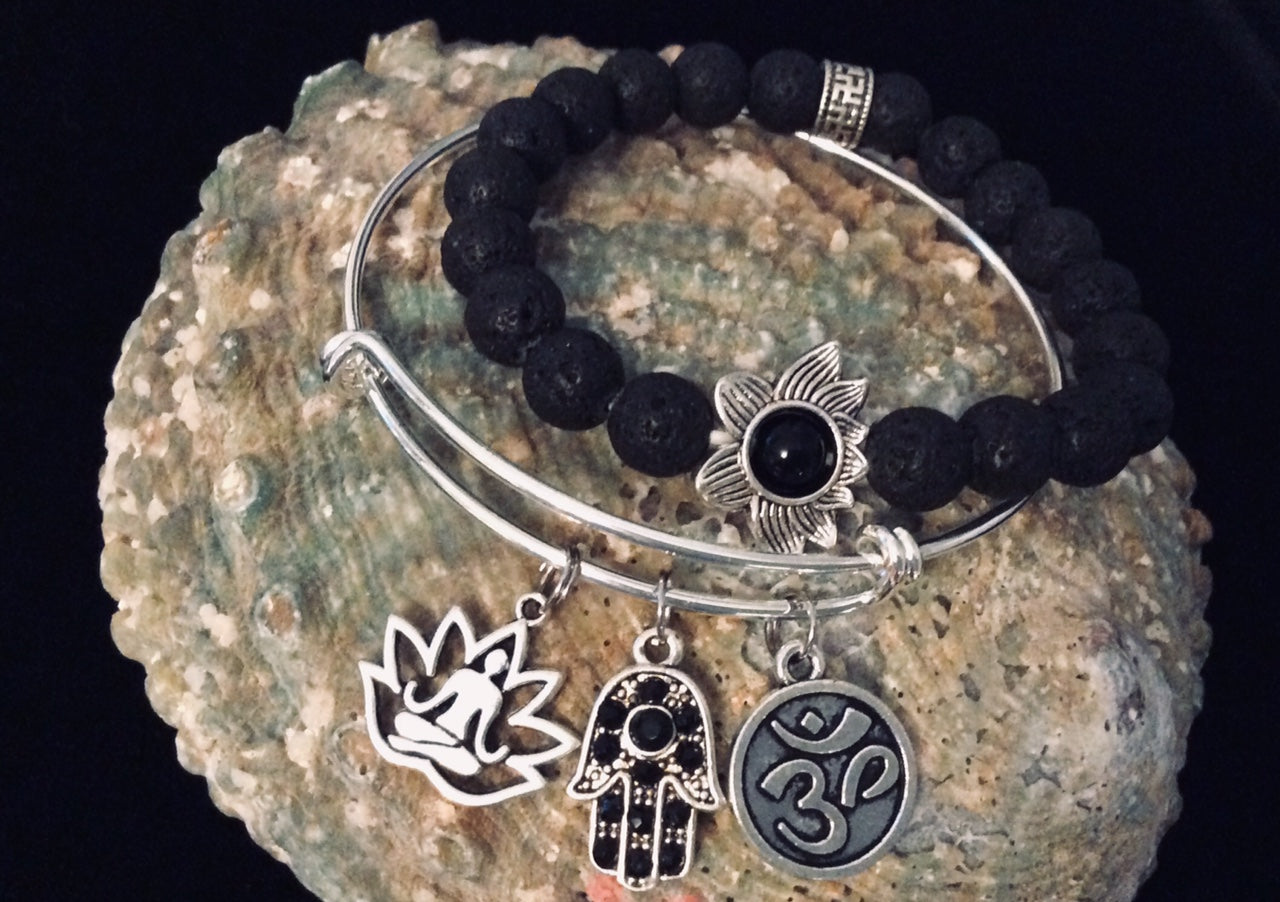 Hamsa Buddha Om Lotus Black Lava Stone Charm Bracelet Stretch Bracelet Silver Adjustable Bangle One 