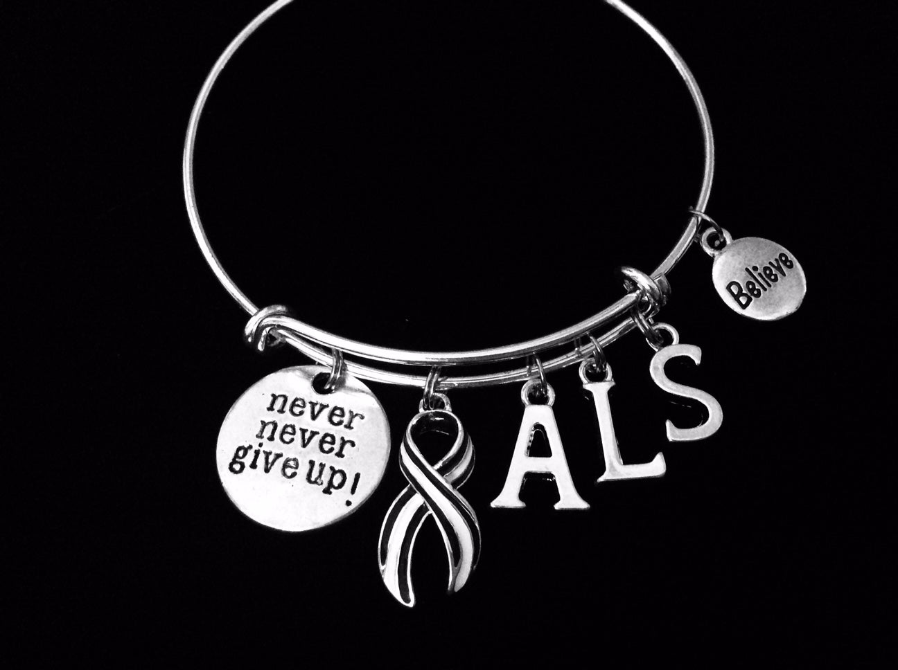 ALS Awareness bracelet Lou Gehrig's Disease Charm Bracelet Navy and White Ribbon Silver Expandab