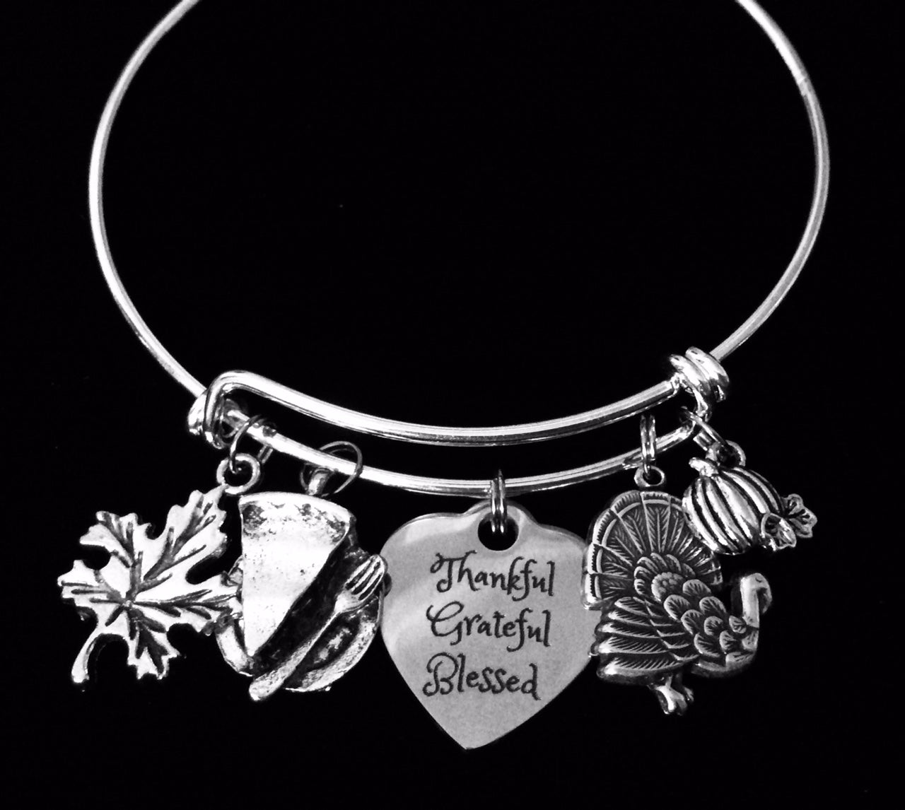 Thanksgiving Jewelry Turkey Bracelet Thankful Grateful Blessed Silver Adjustable Charm Bracelet Bang