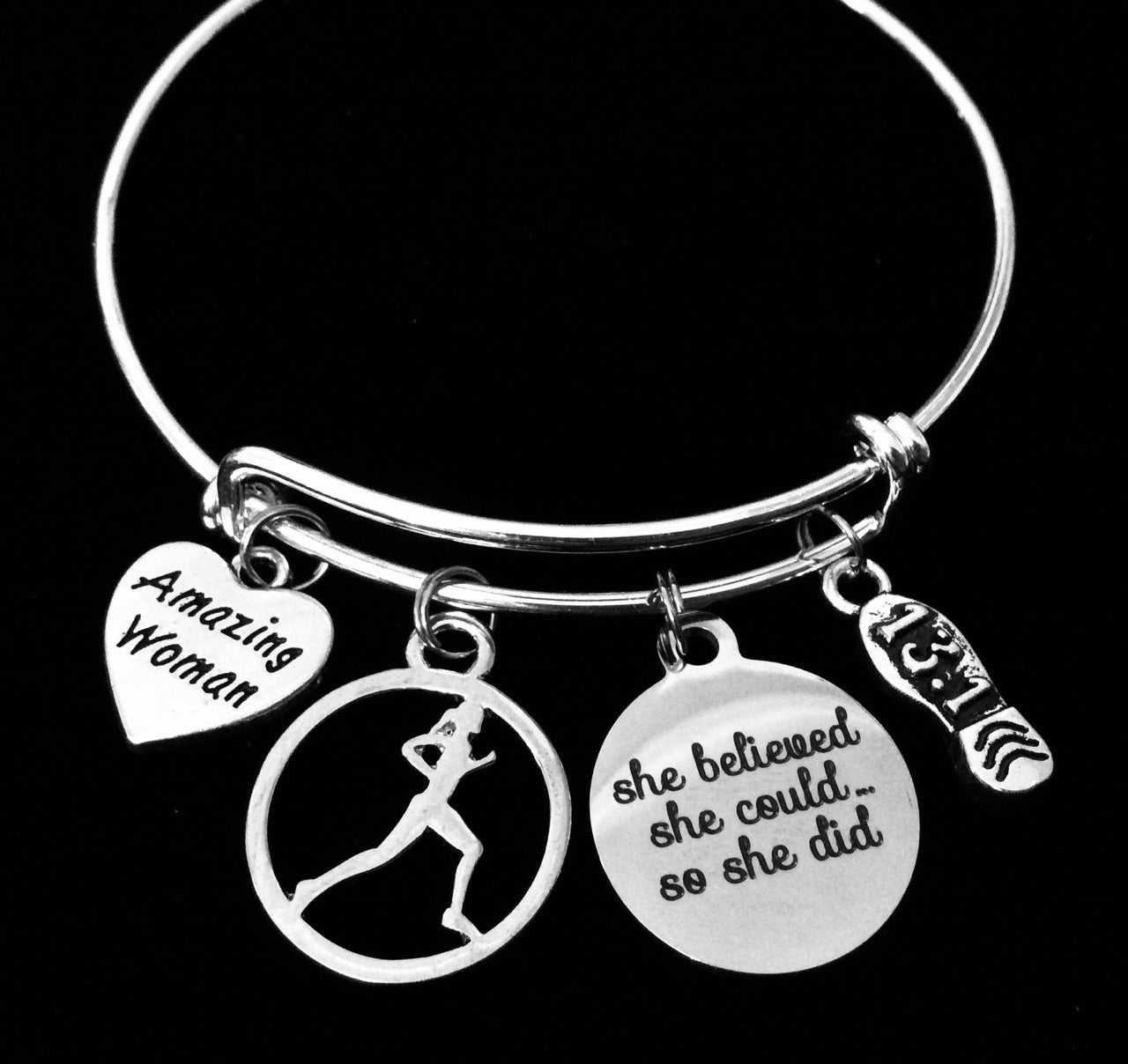 26.2 She Believed Marathon Runner Silver Expandable Charm Bracelet Adjustable Wire Bangle One Size F