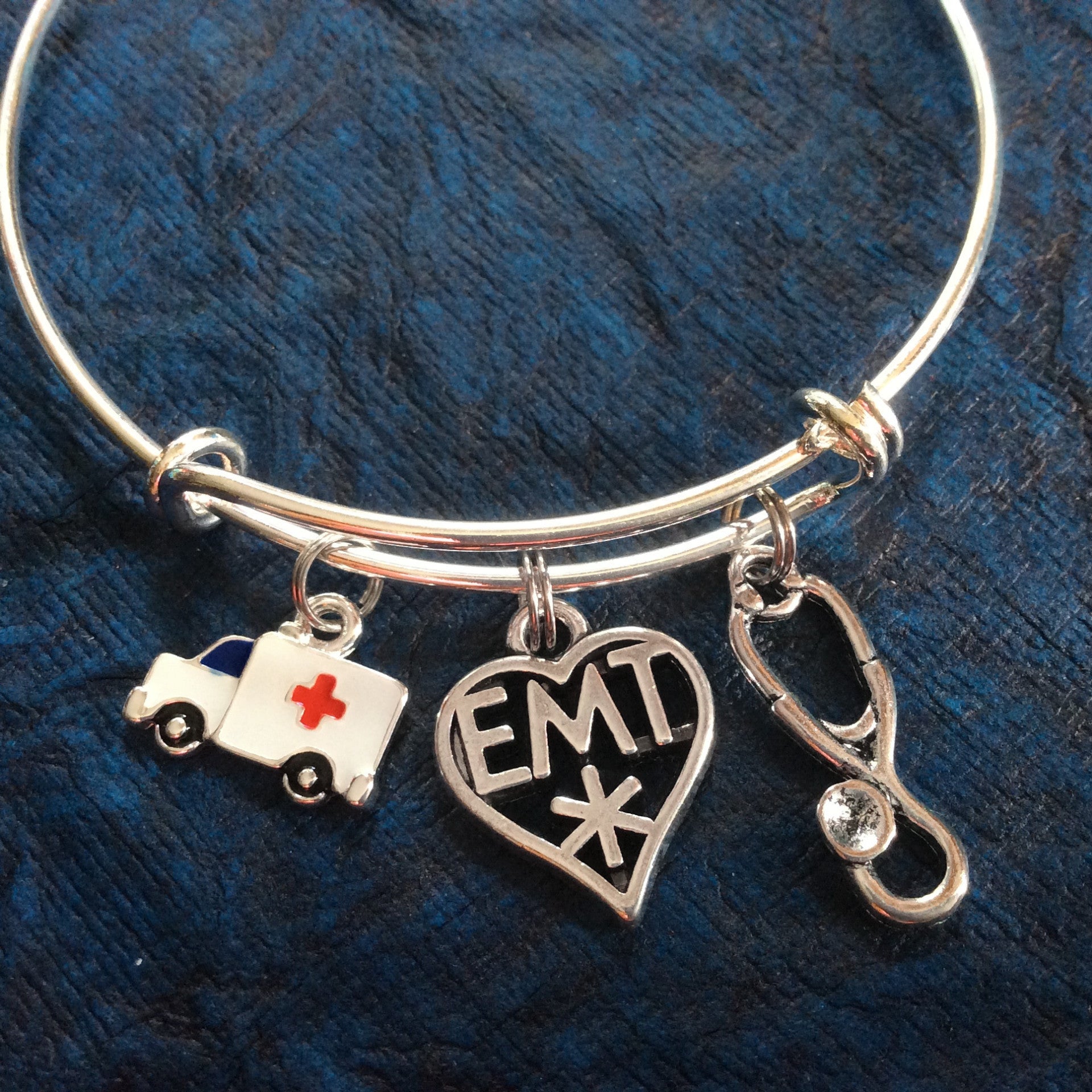 Stethoscope Ambulance and EMT Medical Charm on a Silver Expandable Adjustable Bangle Bracelet Parame