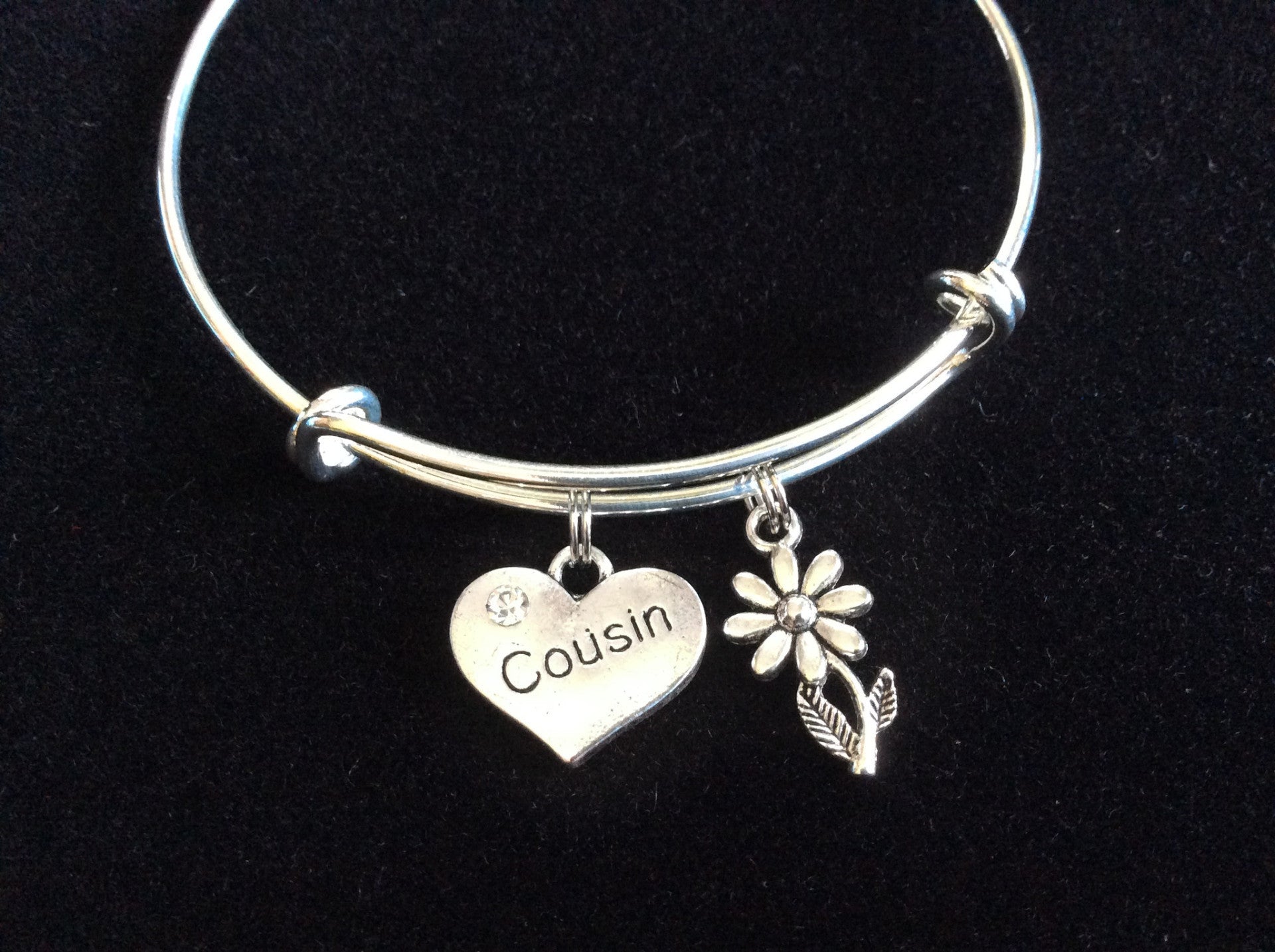 Cousin Heart and crystal with Daisy Charm on a Silver Expandable Bangle Bracelet Meaningful Reunion 