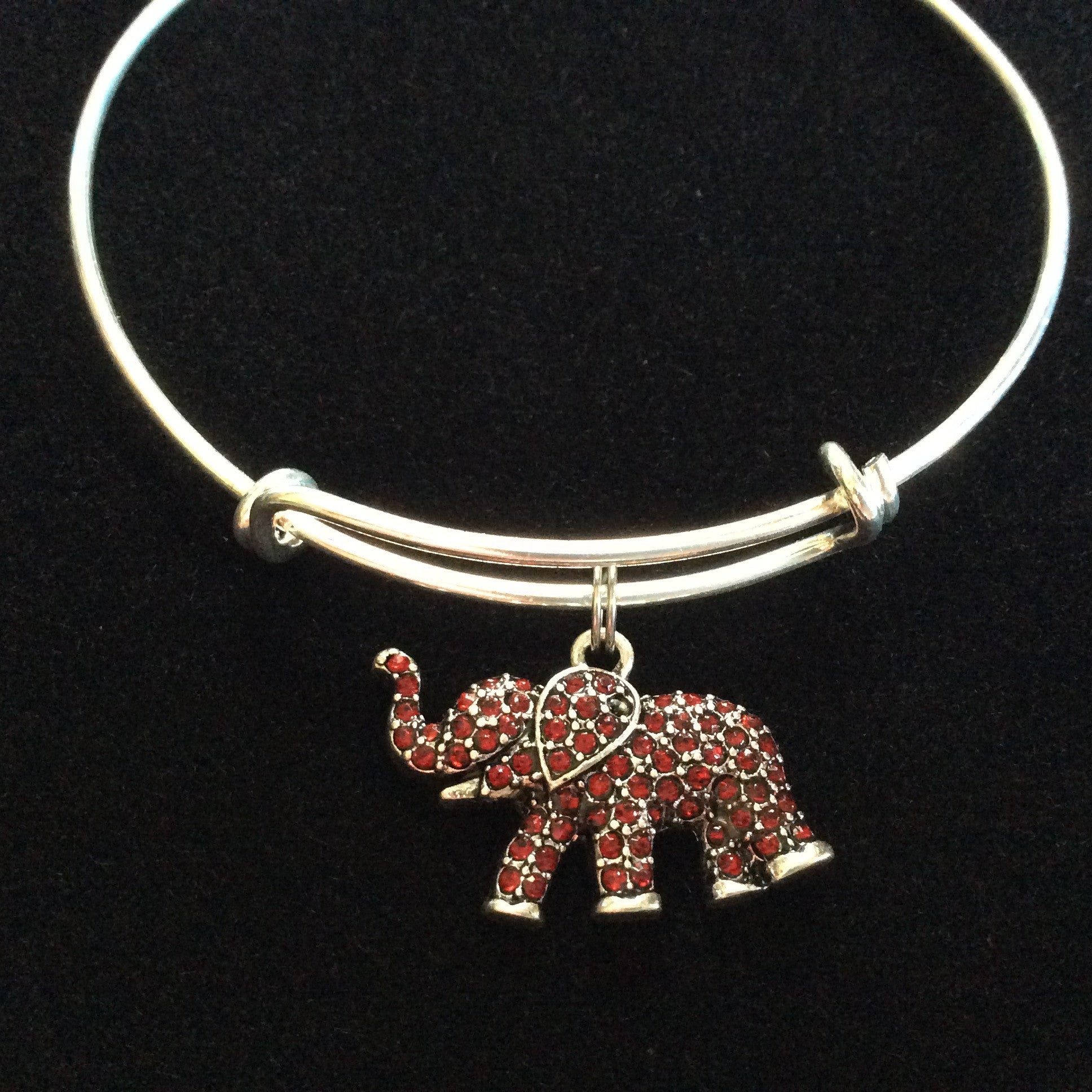 Lucky Garnet Crystal Elephant Charm on a Silver Adjustable Wire  Bangle Bracelet Expandable Trendy S