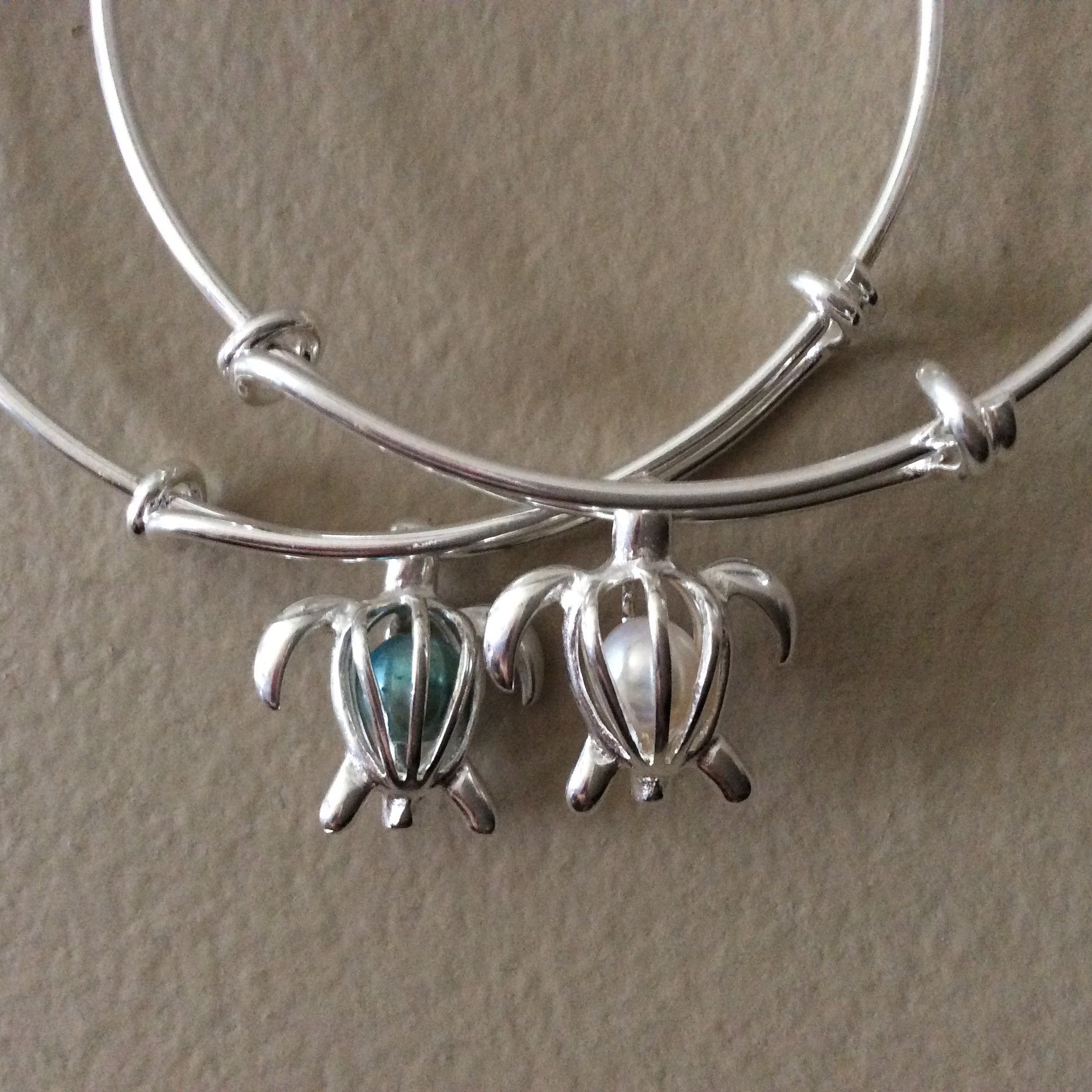 Silver Turtle with Caged Freshwater Pearl on a Silver Adjustable Bangle Charm Bracelet Fertility Exp