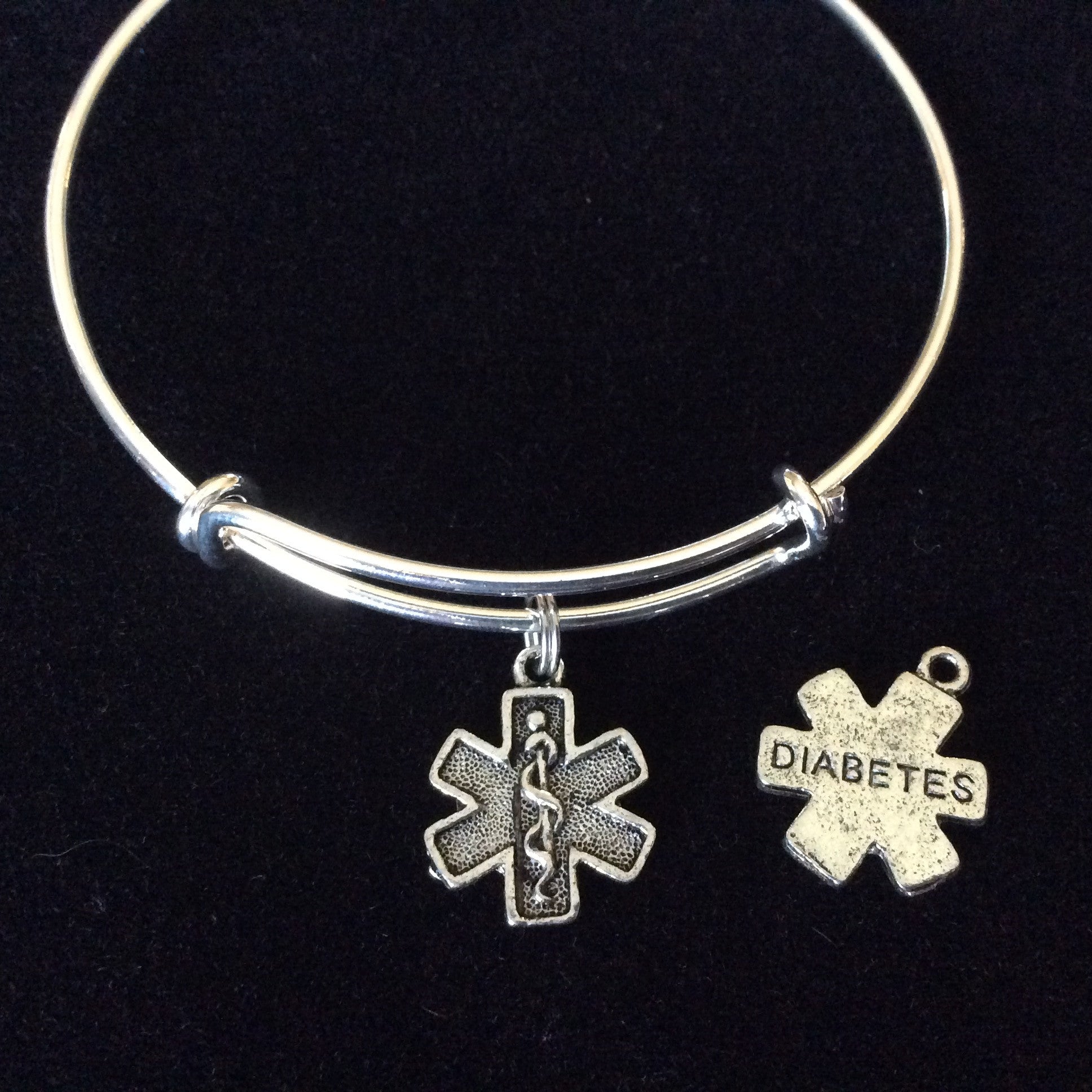 Silver Diabetic Medical Alert (Double Sided Charm) on an Adjustable Bangle Bracelet Diabetes Charm B