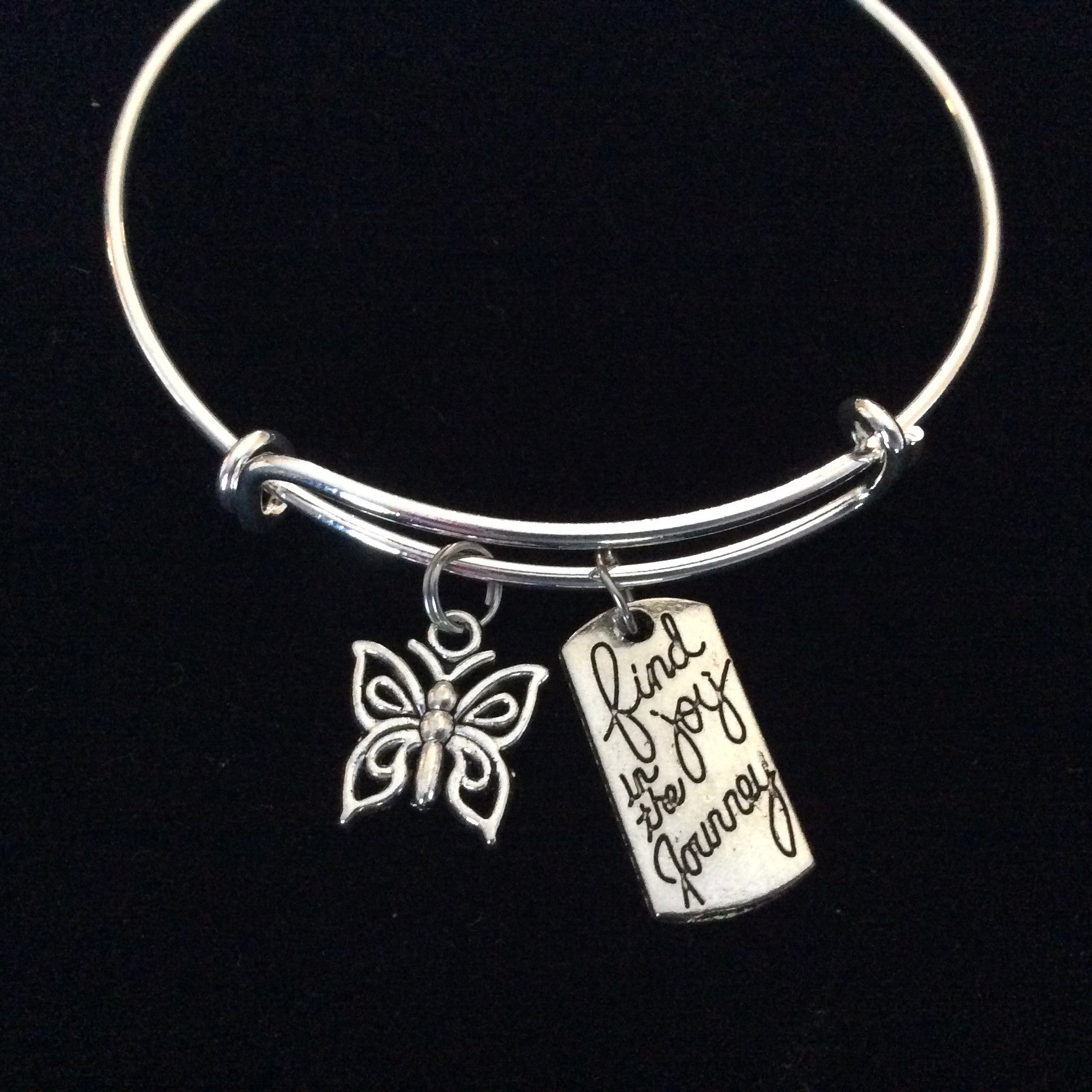 Find Joy in The Journey with Silver Butterfly Charm Adjustable Expandable Wire Bangle Bracelet Gradu