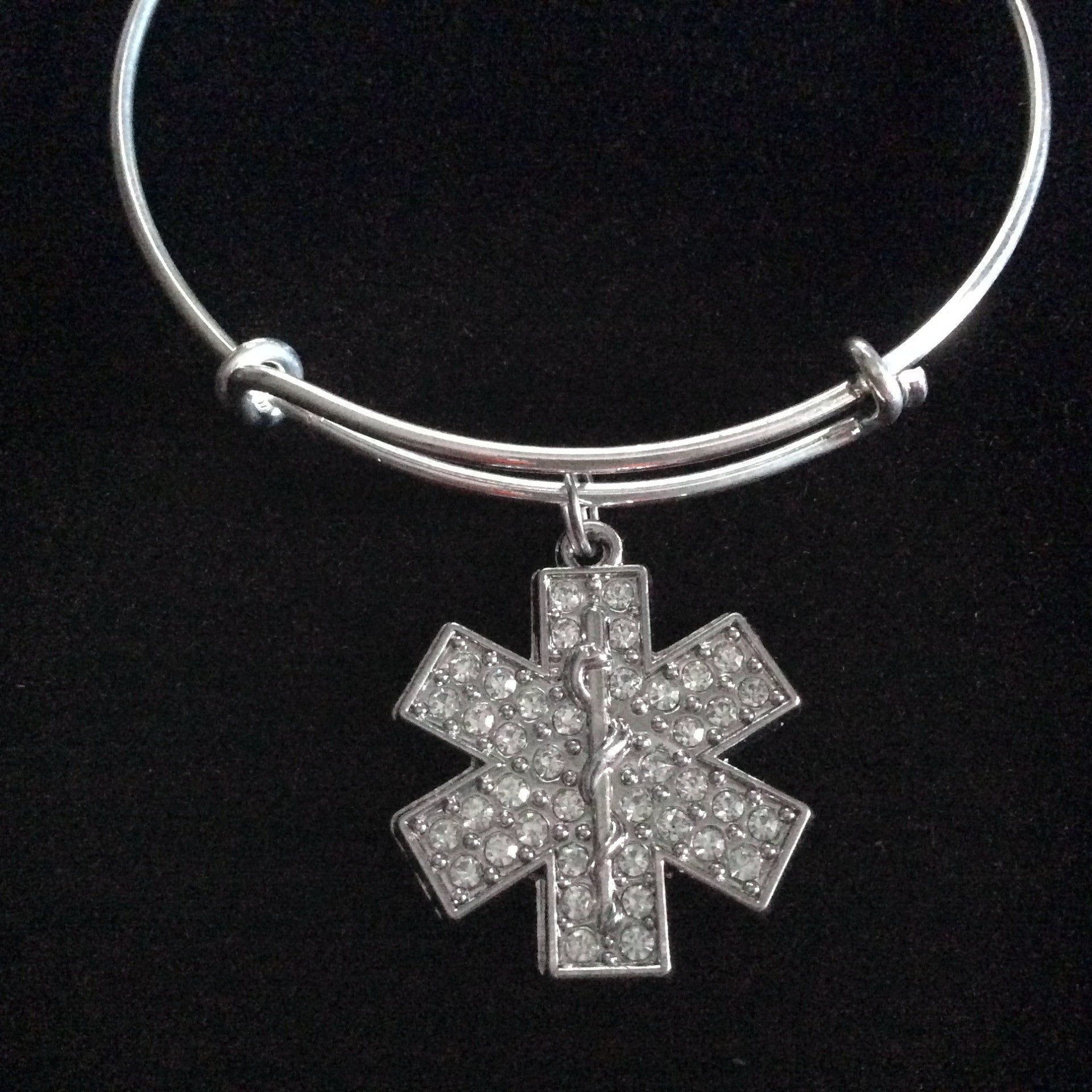 EMT, Paramedic, EMT, EMS, Medical Crystal Silver Charm Bracelet Expandable Adjustable Silver Wire Ba