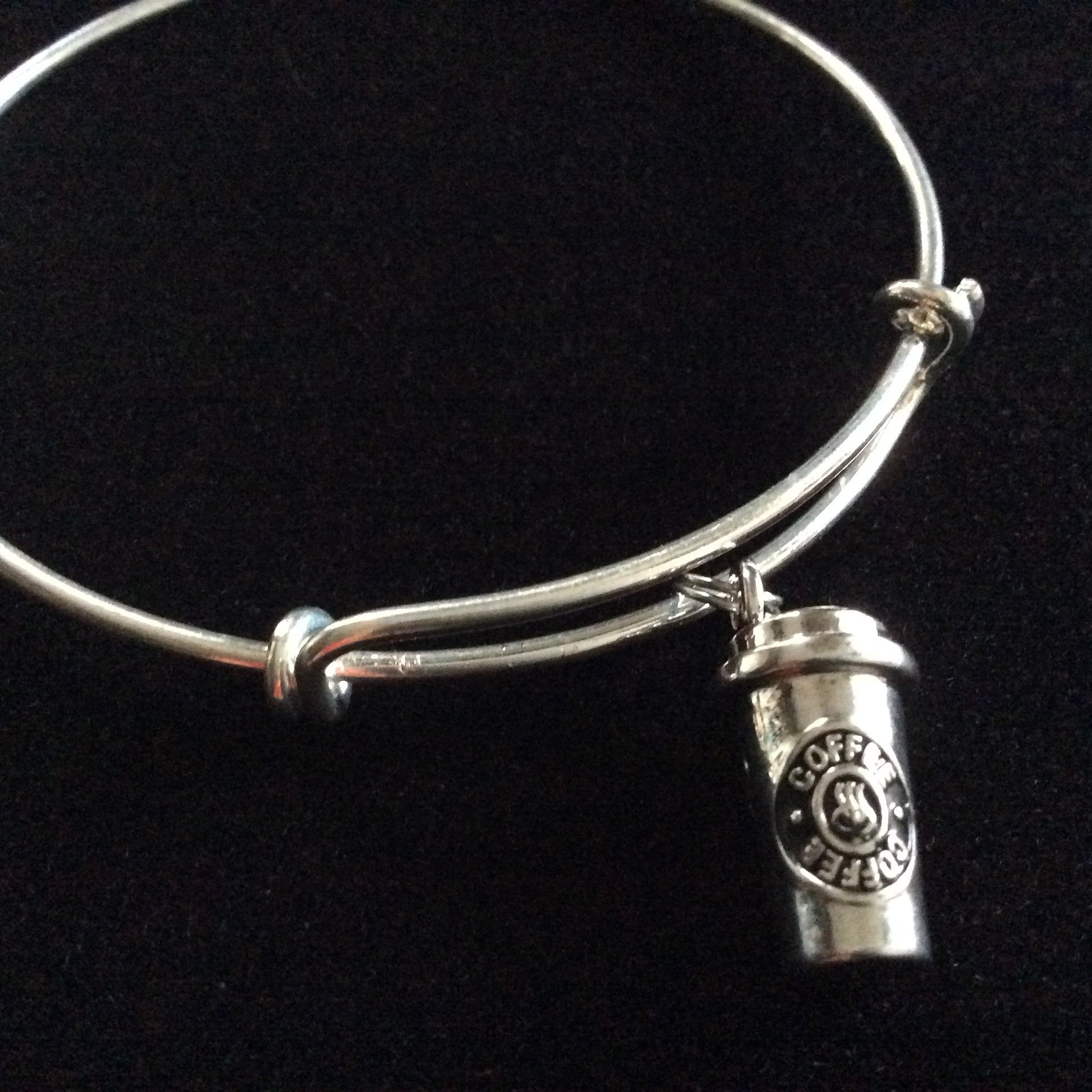 Coffee Cup Charm on a Silver Expandable Silver Wire Bangle Bracelet Gift Adjustable One Size Fits Al