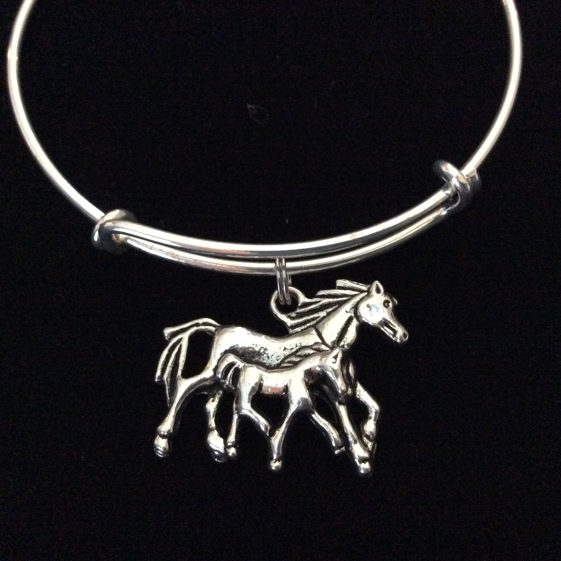 Mother and Baby Horse Charm Bracelet Expandable Adjustable Silver Wire Bangle Trendy Handmade Unique