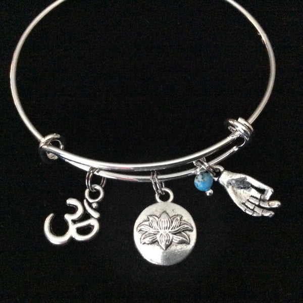 Turquoise Lotus Om Meditation Charm Bracelet Adjustable Expandable Sil ...