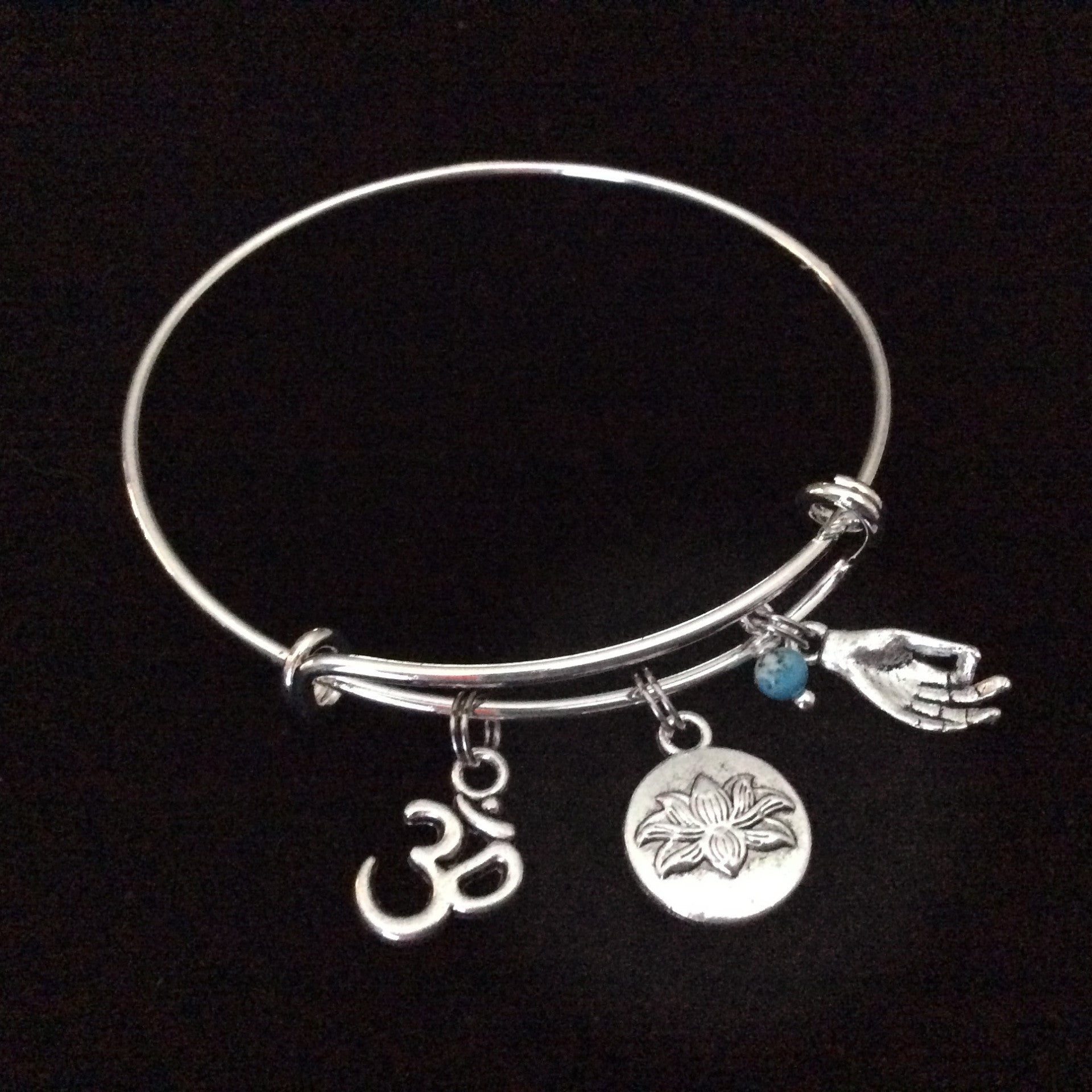 Turquoise Lotus Om Meditation Charm Bracelet Adjustable Expandable Silver Wire Bangle Trendy Yoga In