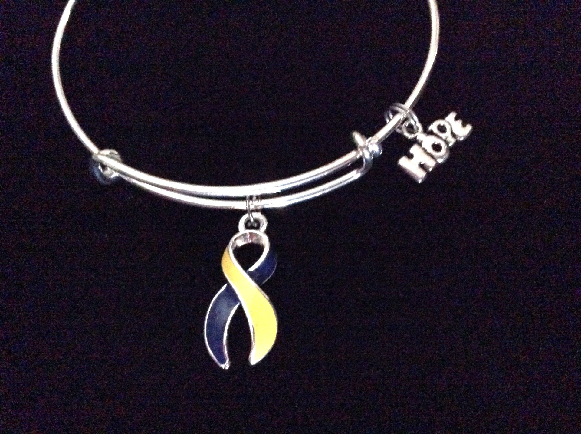 Blue and Yellow Awareness Ribbon Expandable Charm Bracelet Adjustable Wire Bangle Downs Syndrome Mea