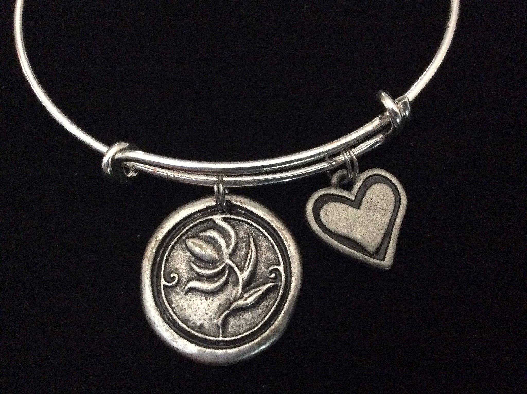 Wax Stamped Silver Flower and Heart Expandable Bracelet Silver Plated Adjustable Wire Charm Bangle T