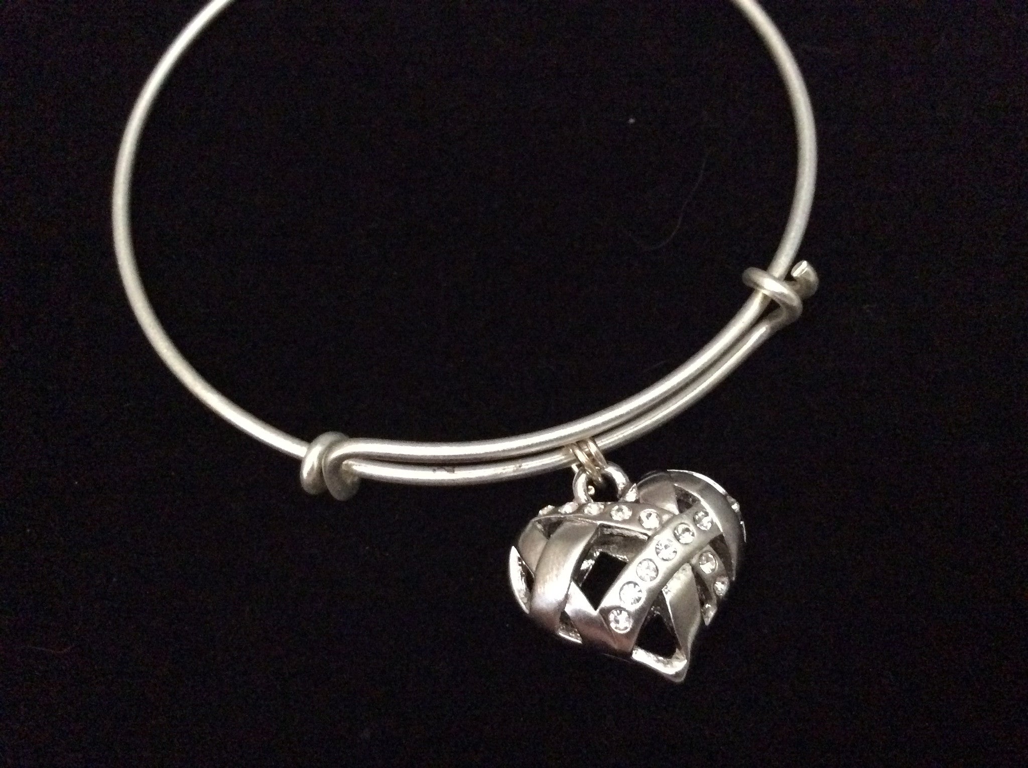 Silver Puffy Heart Double Sided 3D Charm Expandable Bracelet Inspirational Jewelry Adjustable Wire B