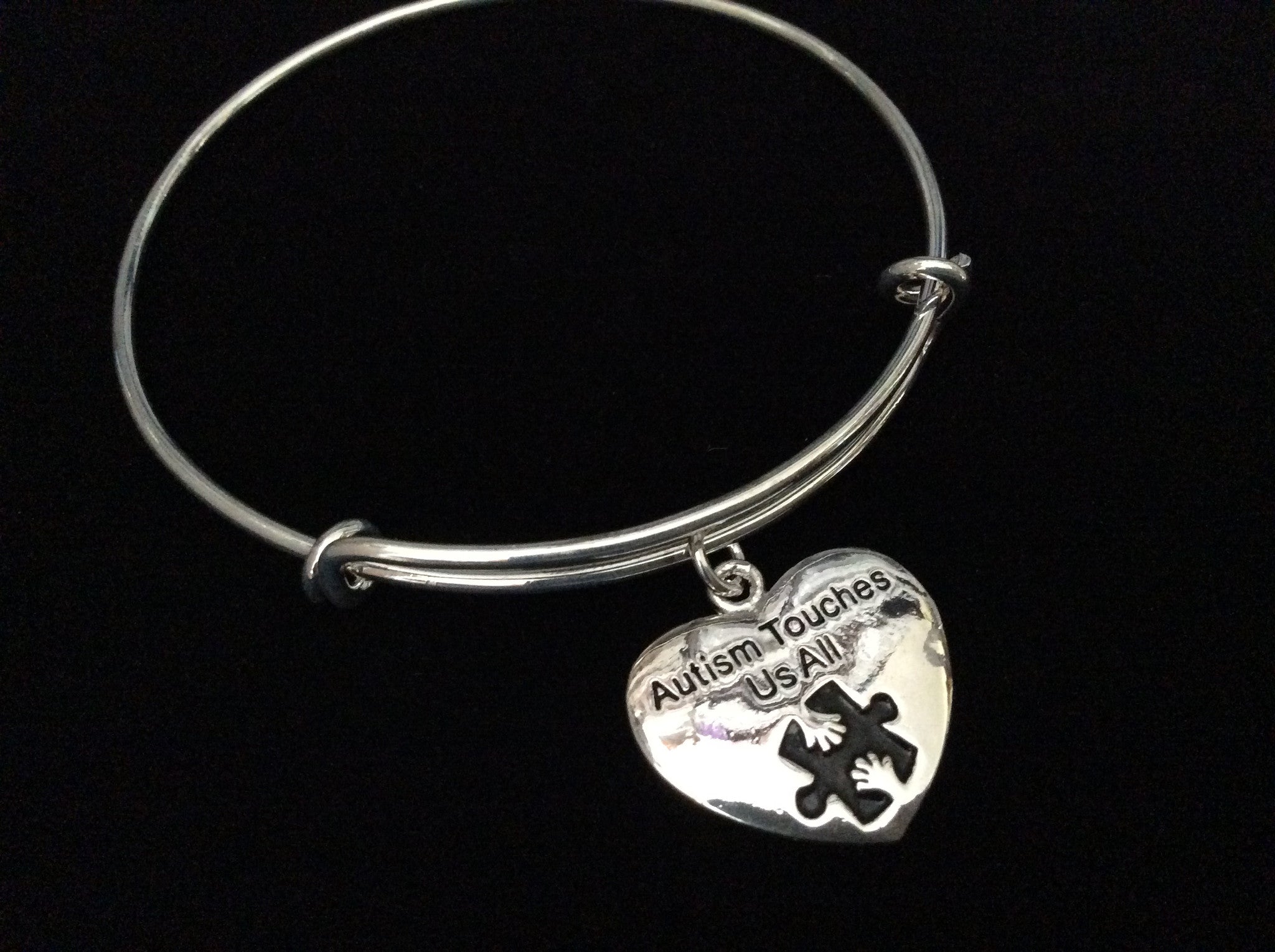 Autism Touches Us All Stamped Charm Puzzle Awareness Ribbon Expandable Charm Bracelet Adjustable Sil