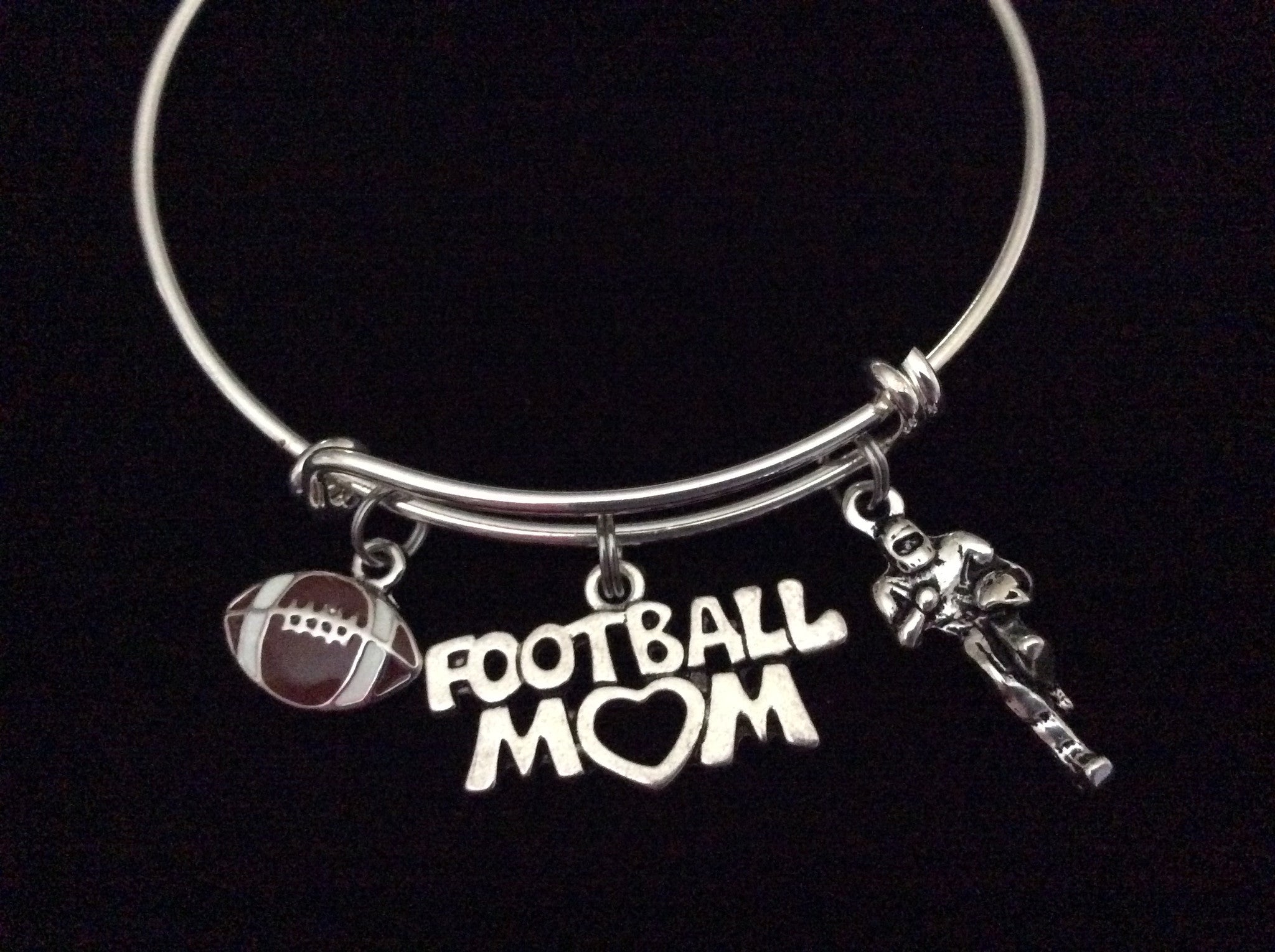 Football Mom Expandable Silver Charm Bracelet Adjustable Wire Bangle Handmade Gift Trendy Sports Tea