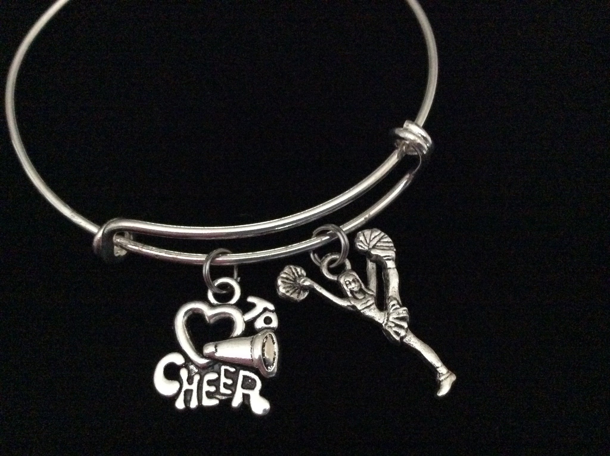 Love to Cheer Cheerleader Expandable Silver Charm Bracelet Adjustable Wire Bangle Handmade Gift Tren