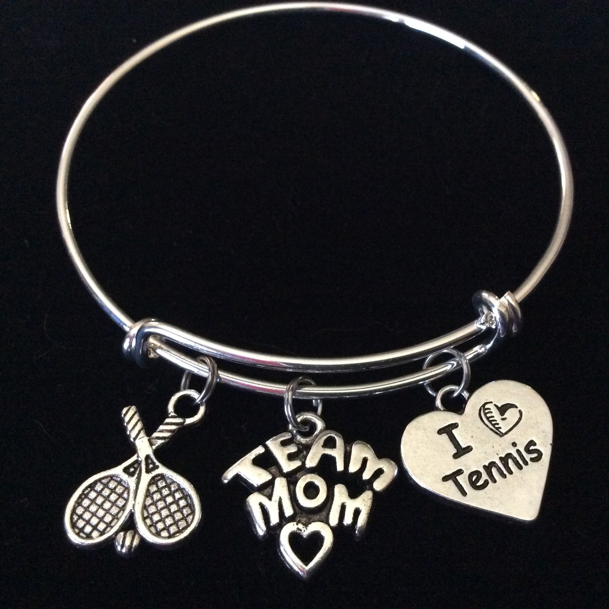 I Love Tennis Team Mom Expandable Adjustable Wire Bangle Bracelet