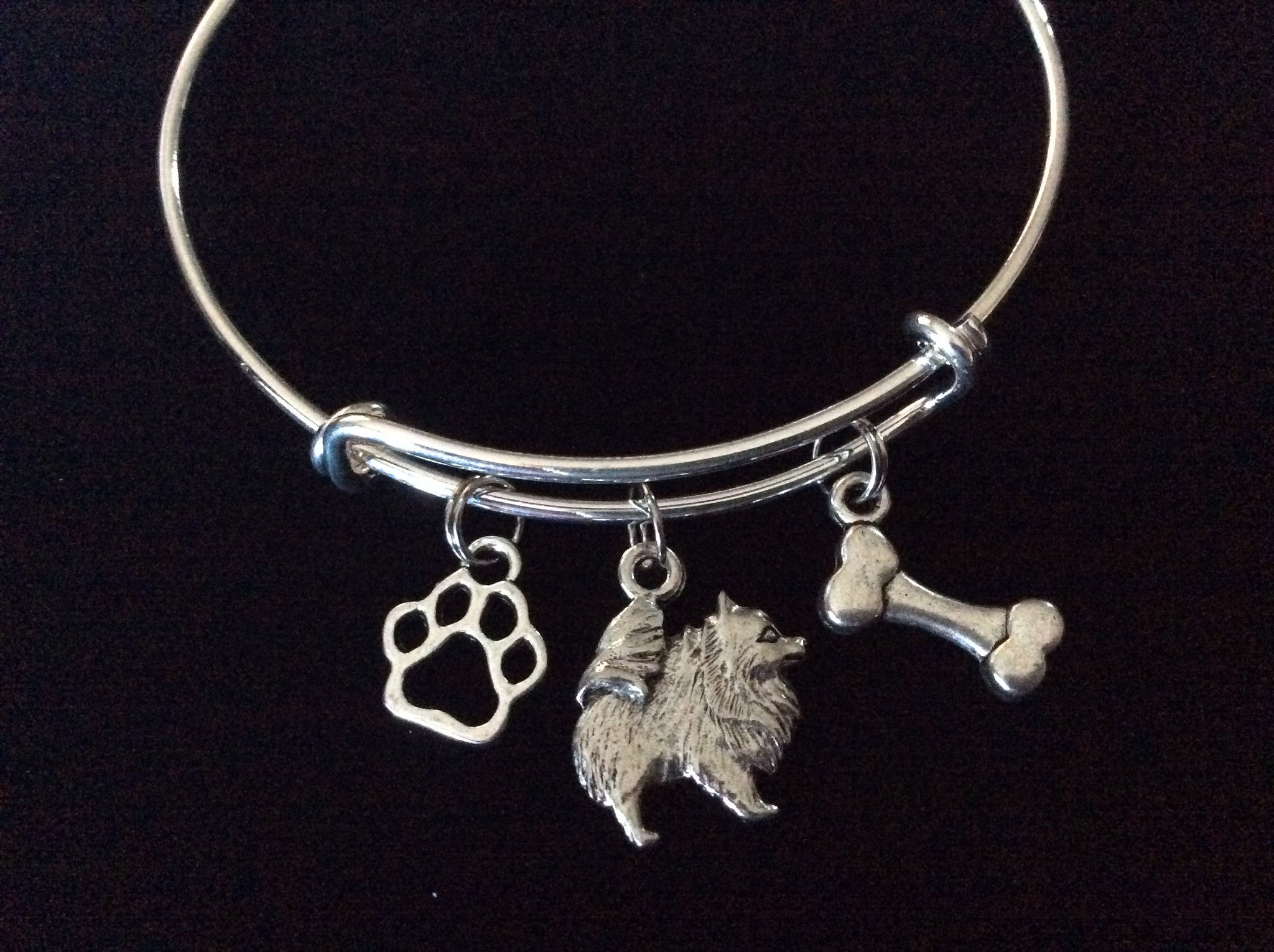 Pomeranian Dog Charm on a Silver Expandable Adjustable Bangle Bracelet Double Sided Charms Meaningfu