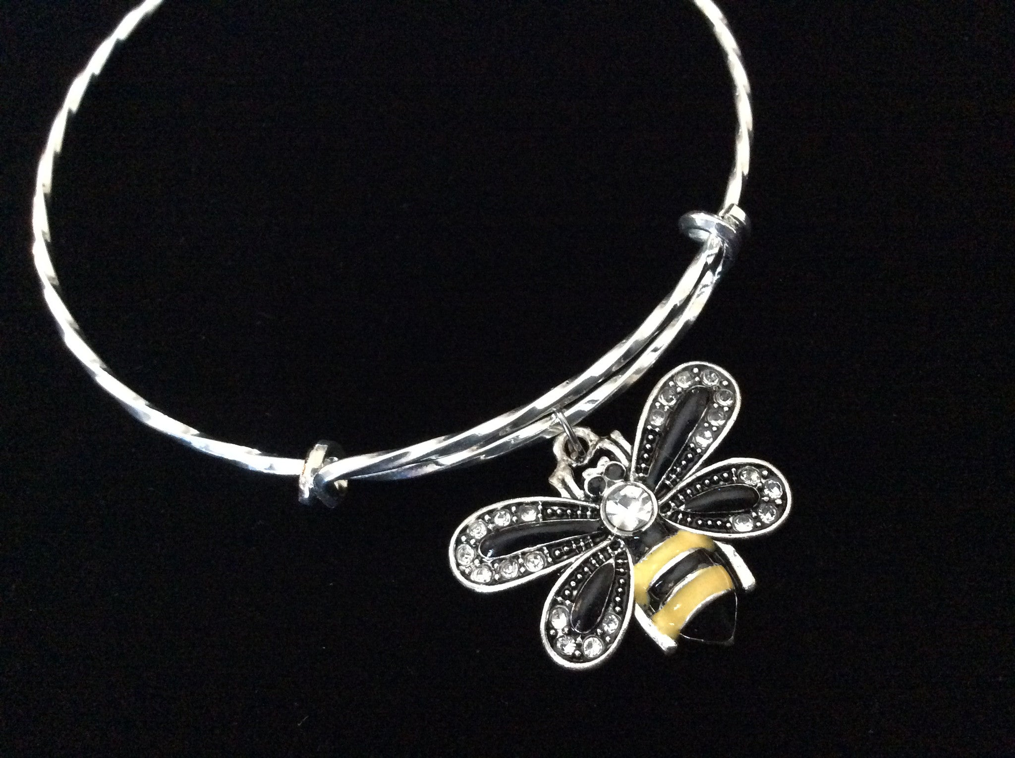 Crystal Bee Charm Silver Twisted Expandable Bangle Bracelet Tren