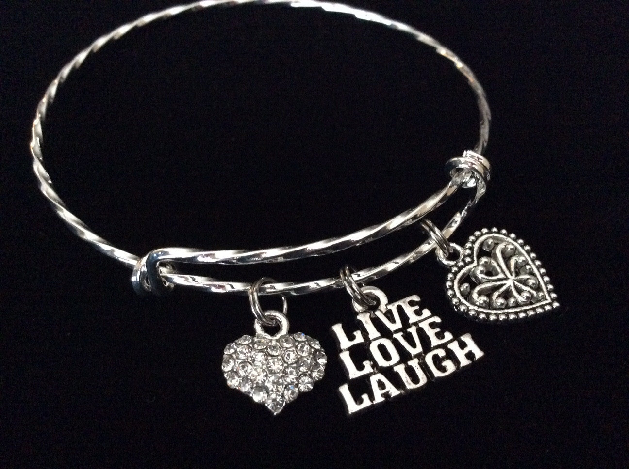 Live Love Laugh Double Hearts Twisted Silver Expandable Charm Bracelet Silver Plated Bangle Bracelet