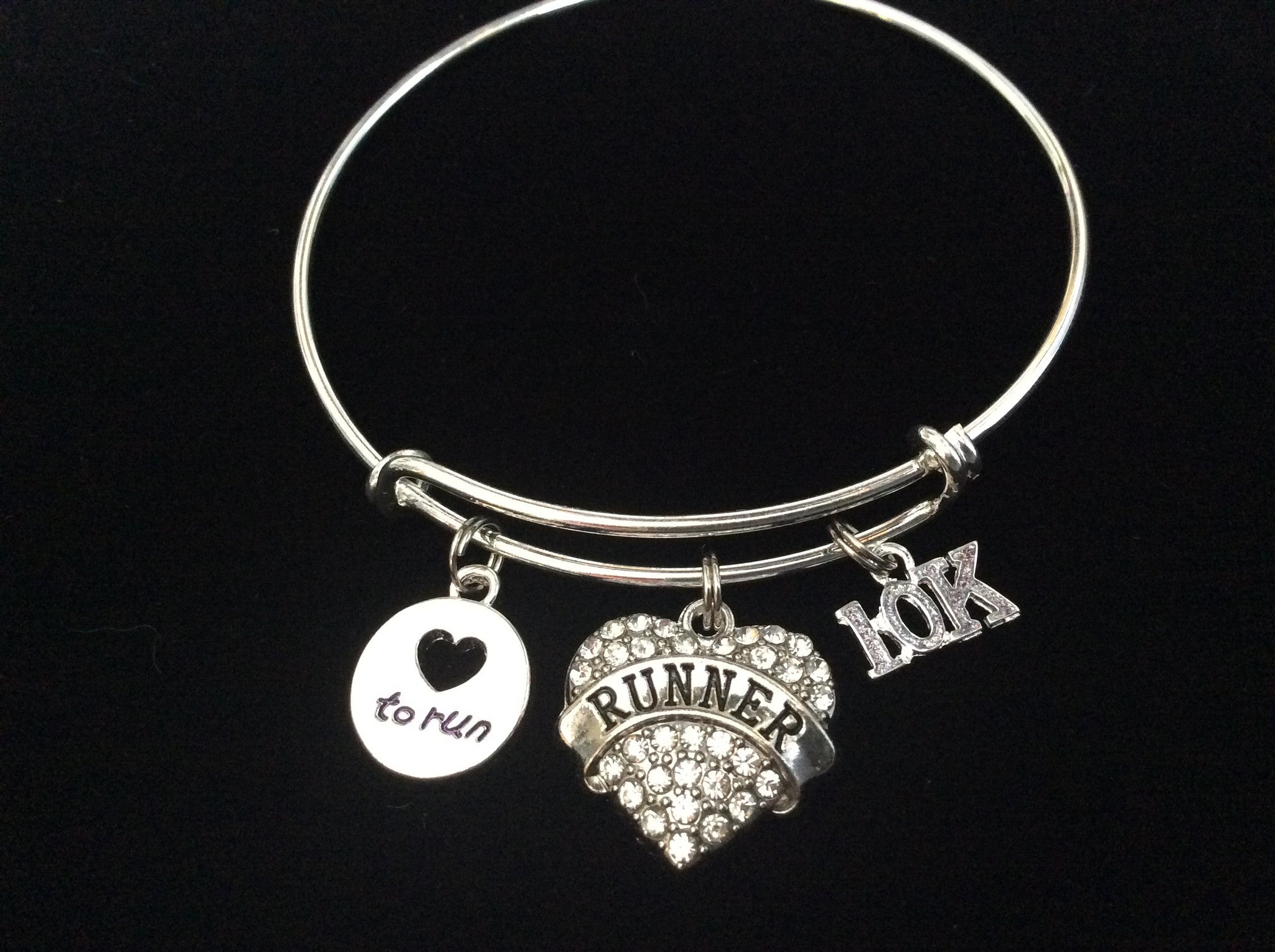 10K Love to Run Runner Crystal Heart Silver Charm Bracelet Expan