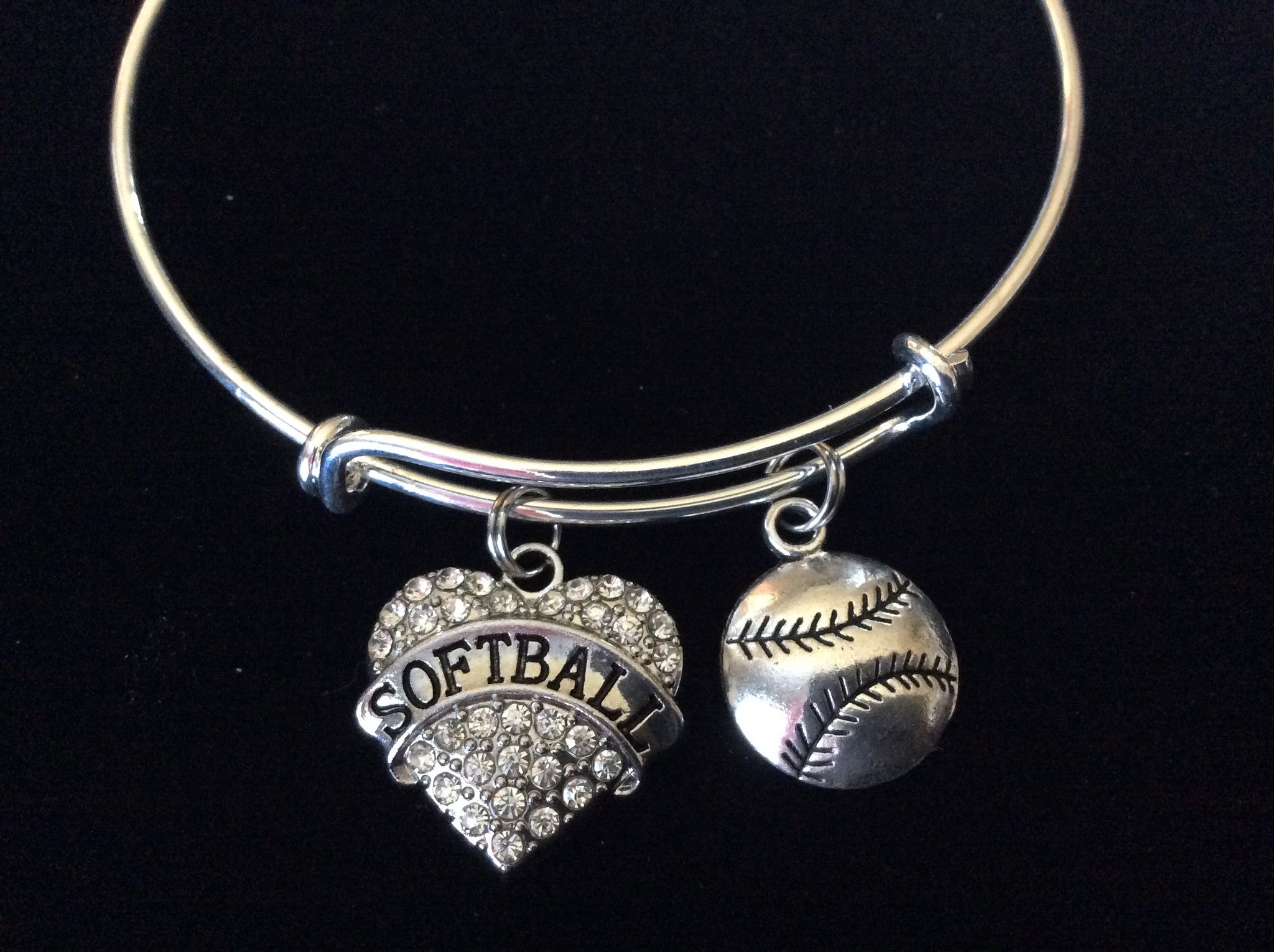 Softball Crystal Heart Charm on a Silver Expandable Bangle Bracelet Sports Team Coach Gift Adjustabl