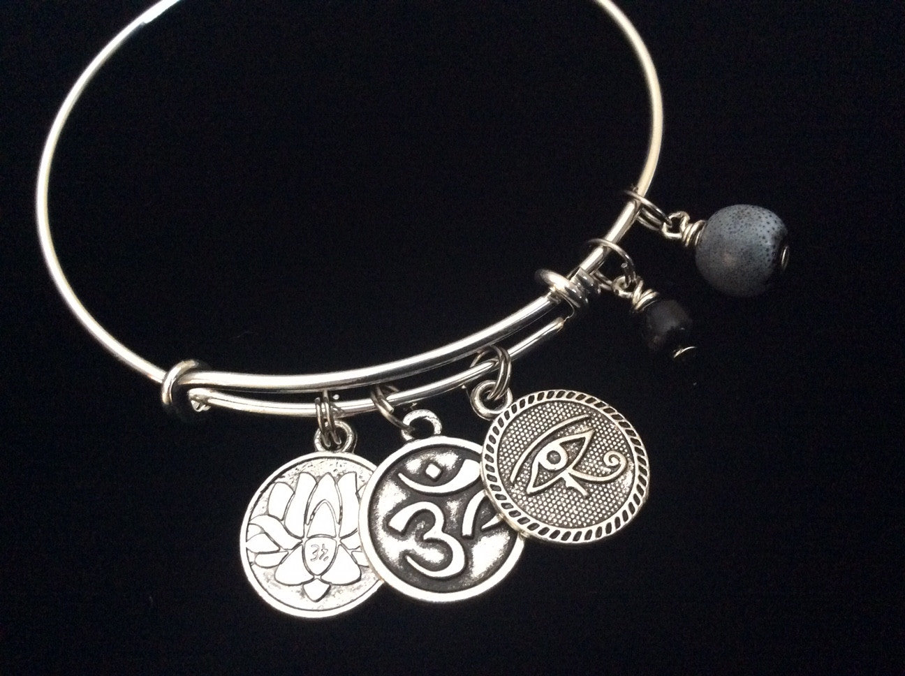 Yoga Inspired Silver Adjustable Bangle Expandable Charm Bracelet Om Evil Eye of Protection Lotus