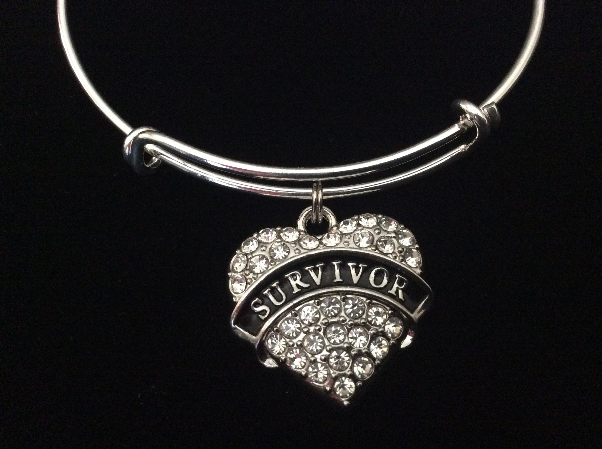 Survivor Crystal Heart Charm Silver Expandable Bangle Bracelet Gift Adjustable Inspirational Meaning