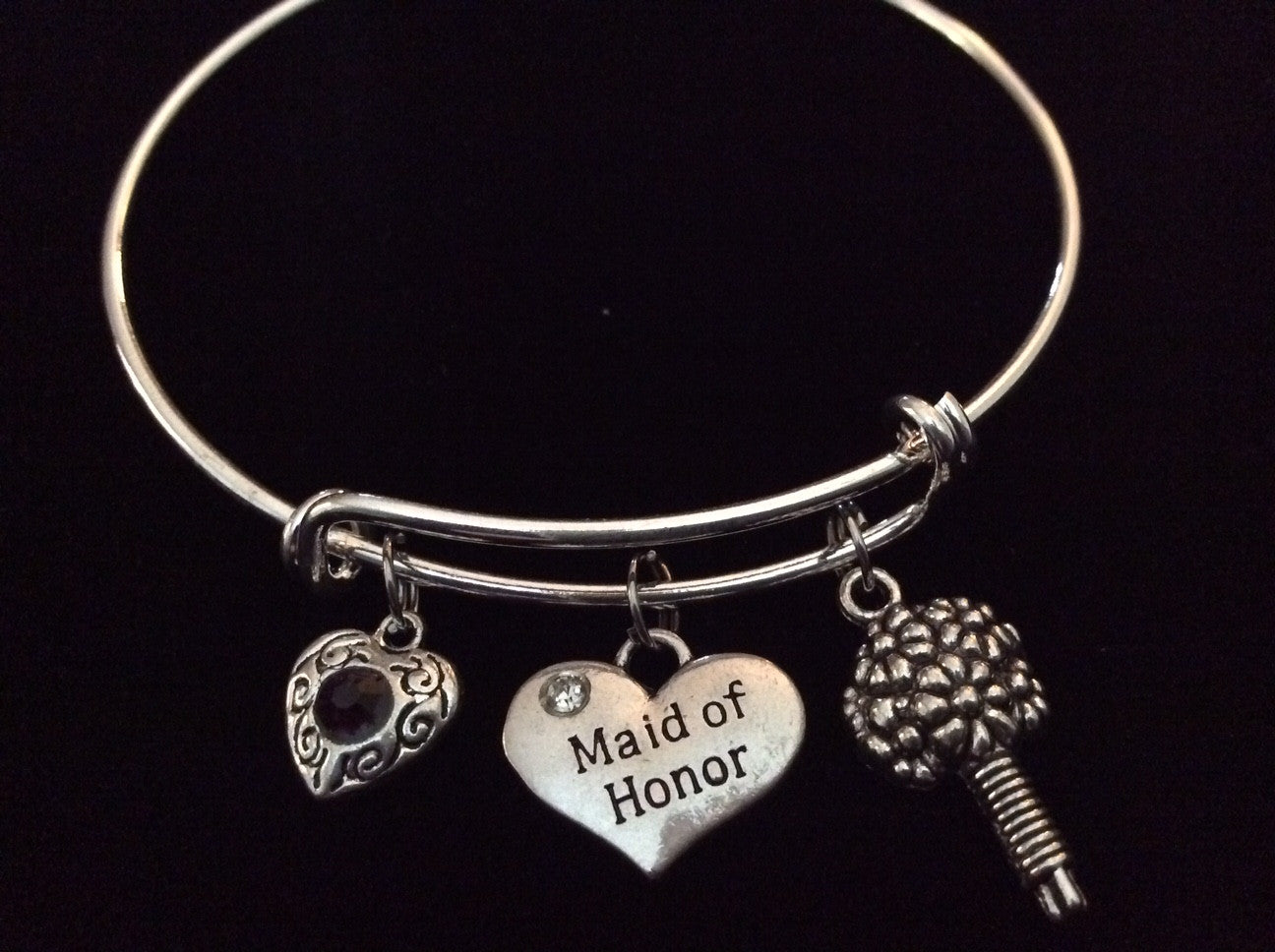 Maid of Honor Bouquet with Purple Crystal Heart Charm Expandable Bracelet Silver Adjustable Wire Ban