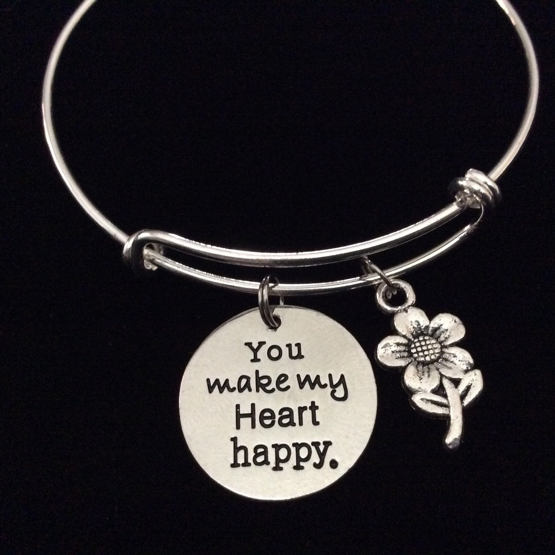 You Make My Heart Happy Expandable Silver Charm Bracelet Adjustable Bangle Trendy Gift