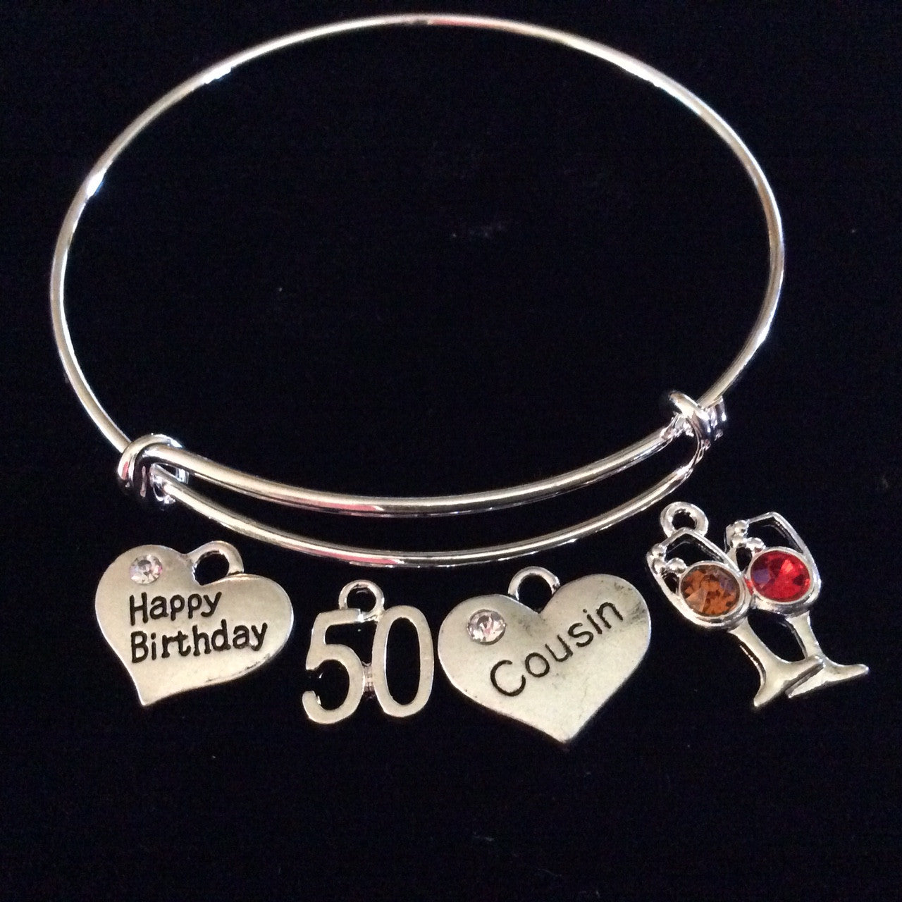 Happy 50th Birthday Cousin Expandable Silver Charm Bracelet Adjustable Bangle Gift Crystal Red and W