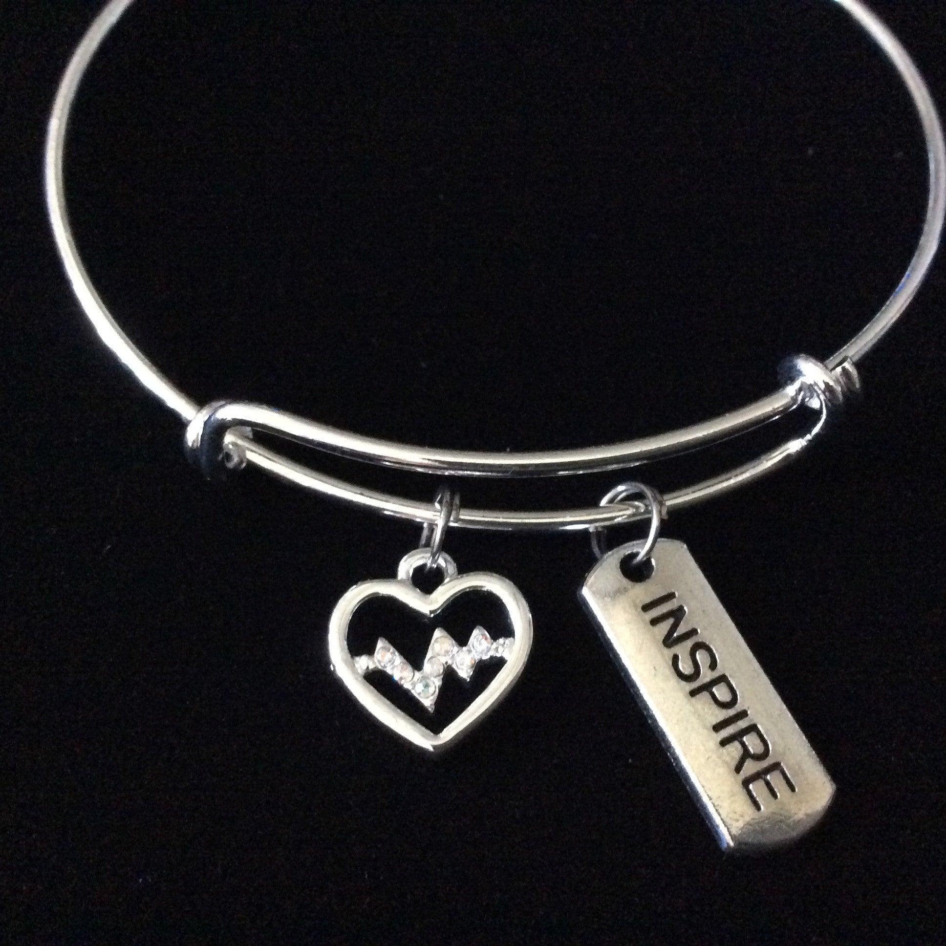 Inspire Silver Heartbeat Charm Expandable Silver Charm Bracelet 