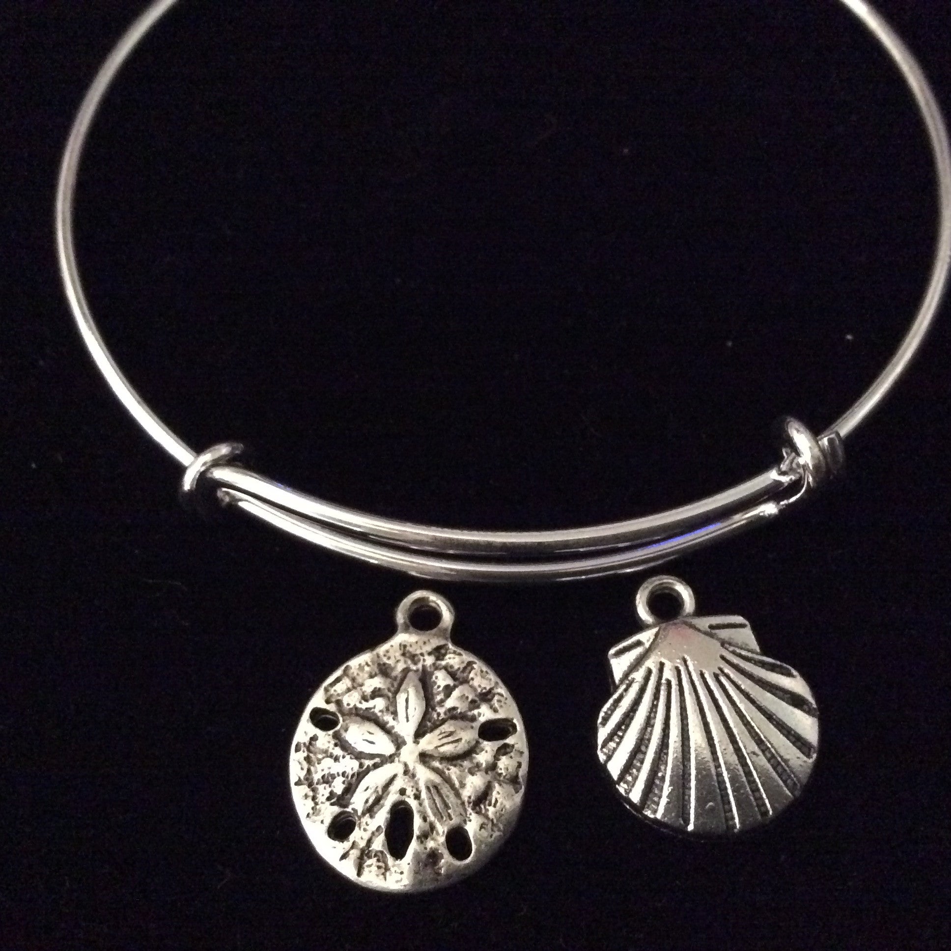 Sand Dollar with Sea Shell Silver Expandable Charm Bracelet Adjustable Wire Bangle Trendy Handmade N