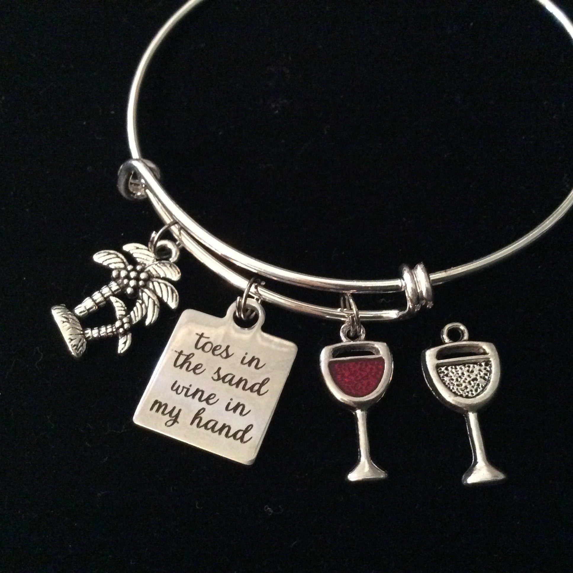 Toes in the Sand Wine in my Hand Expandable Silver Charm Bracelet Ocean Nautical Adjustable Wire Ban