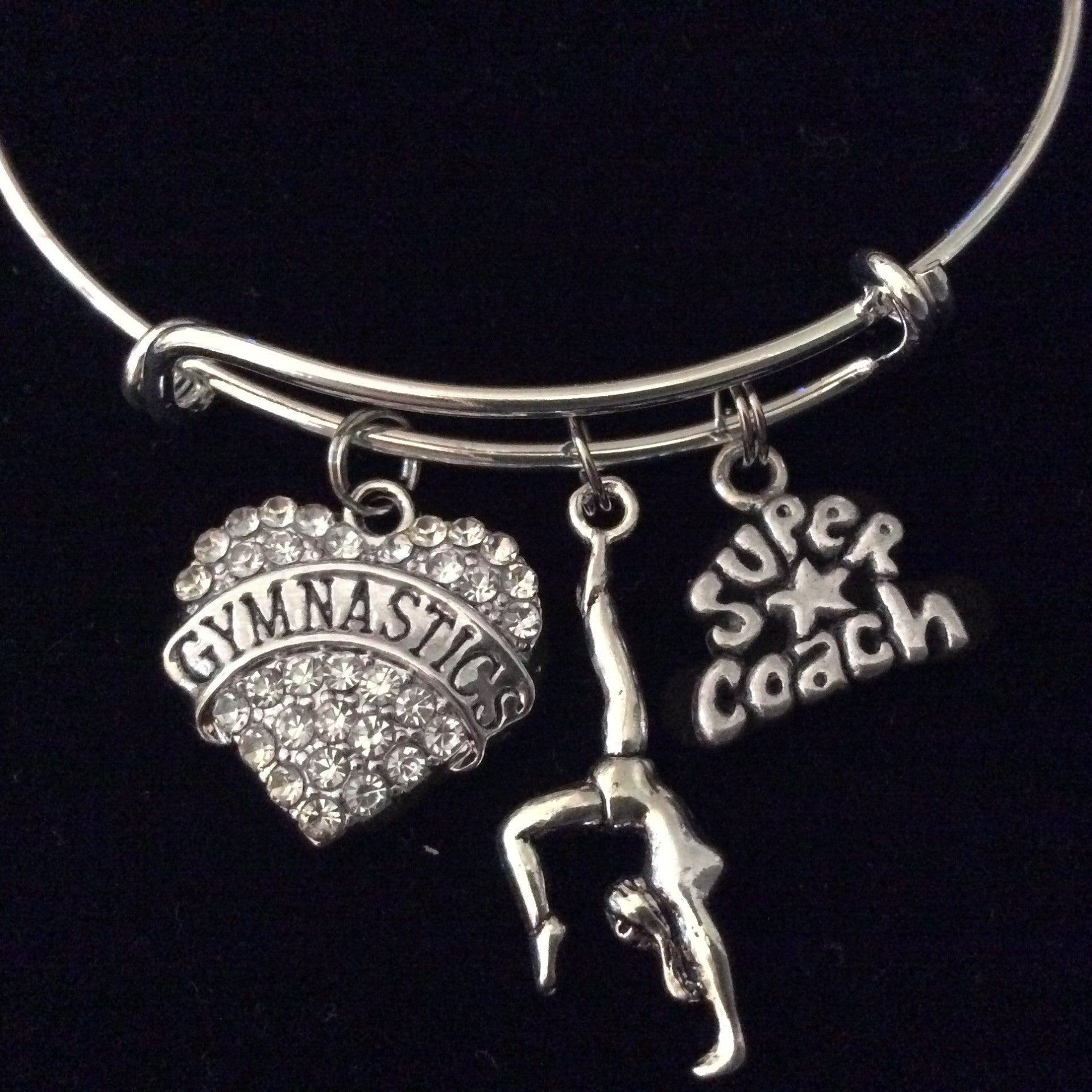 Super Coach Gymnastics Crystal Heart Expandable Charm Bracelet Adjustable Wire Bangle Girl Gift Gymn