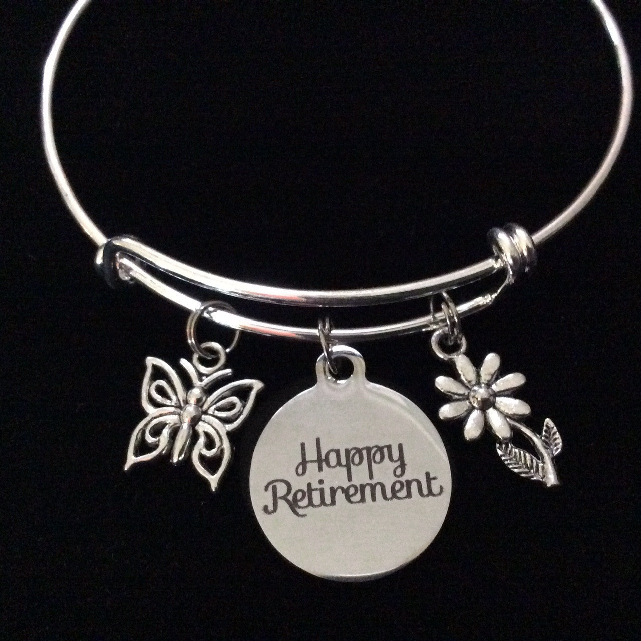 Happy Retirement Butterfly Daisy Flower Expandable Silver Charm Bracelet Adjustable Bangle Office Wo