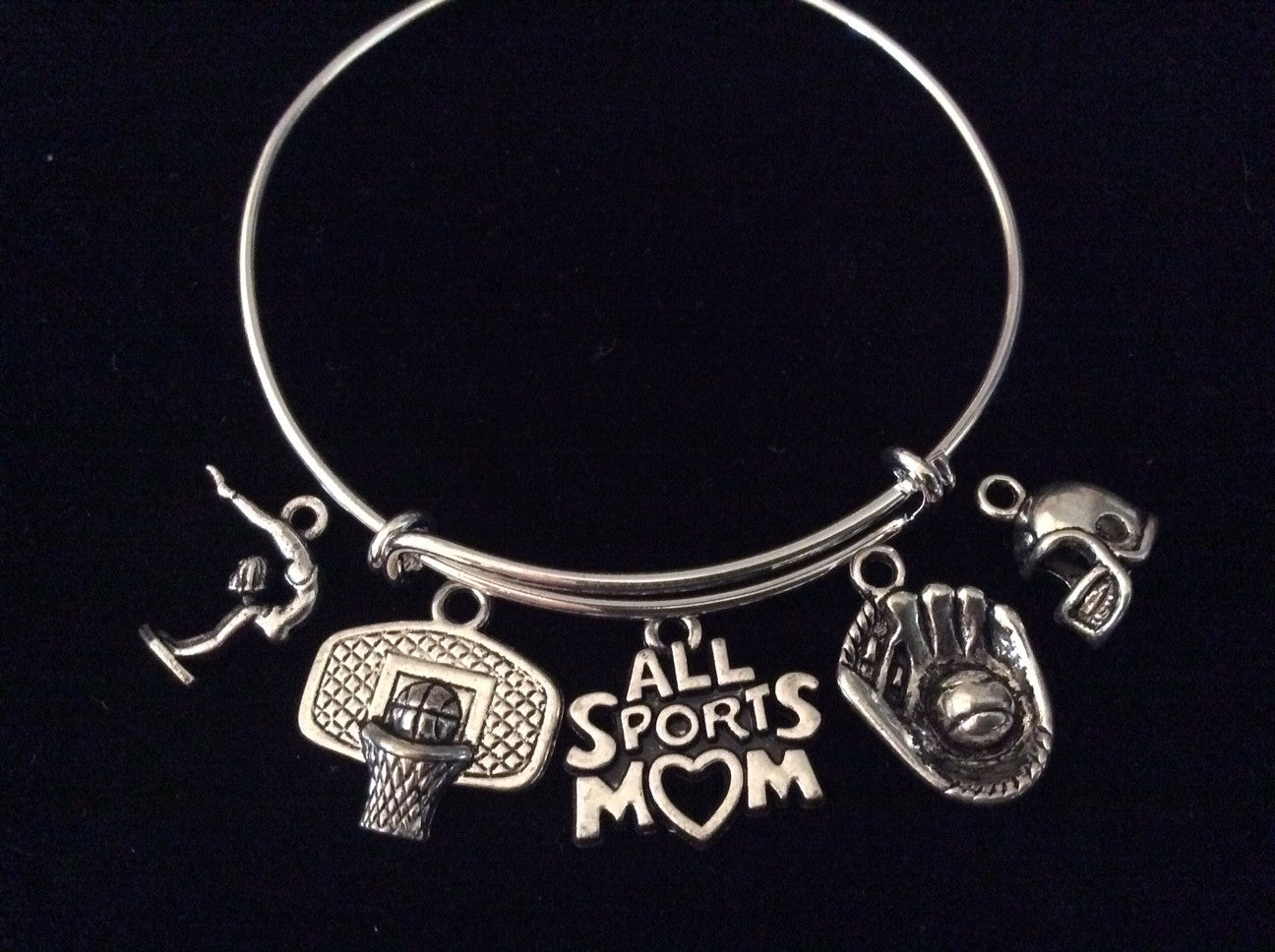 All Sports Mom Expandable Silver Charm Bracelet Football Basebal