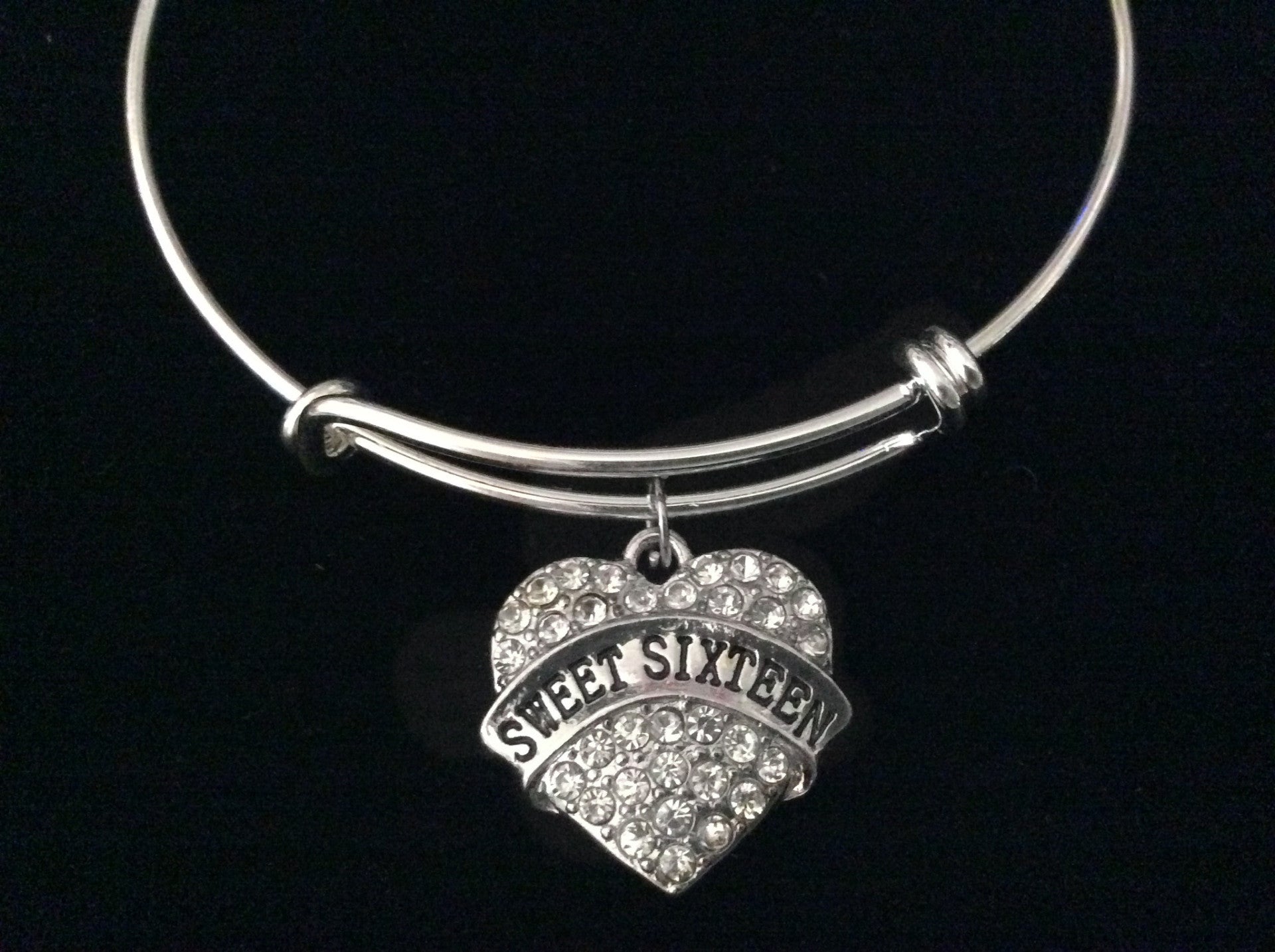 Crystal Heart Sweet 16 Silver Expandable Charm Bracelet Adjustab