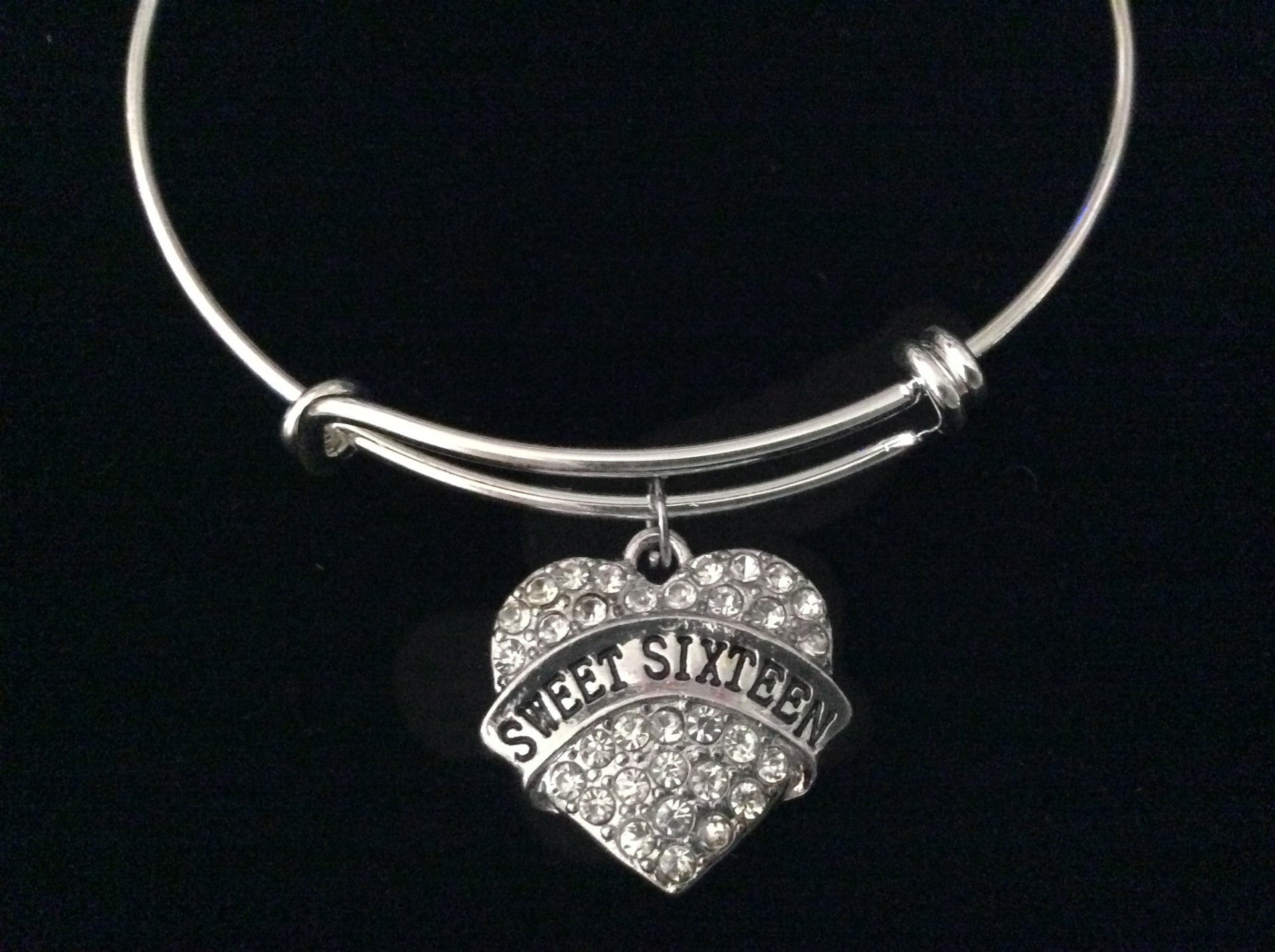 Crystal Heart Sweet 16 Silver Expandable Charm Bracelet Adjustable Bangle Gift Happy Birthday