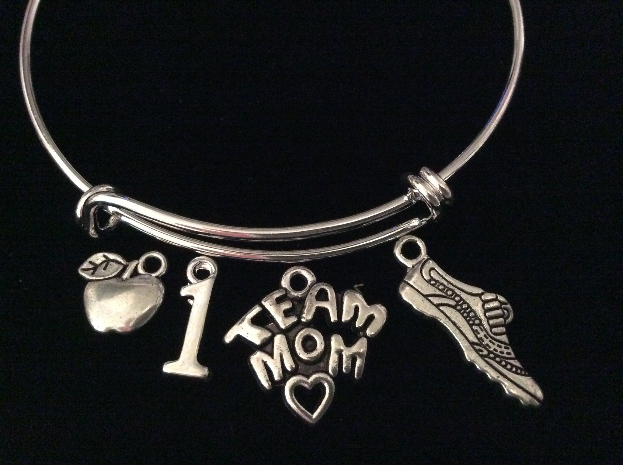 Track Team Mom Apple Expandable Silver Charm Bracelet Adjustable Bangle Gift Sports