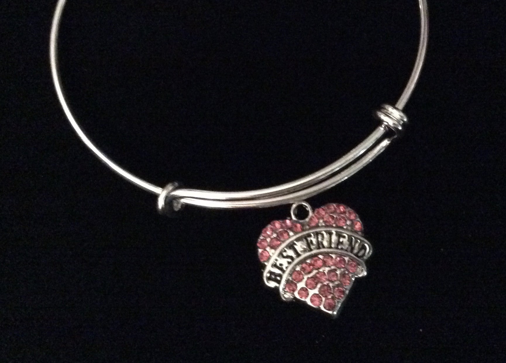 Pink Crystal Heart Best Friend Expandable Silver Charm Bracelet 