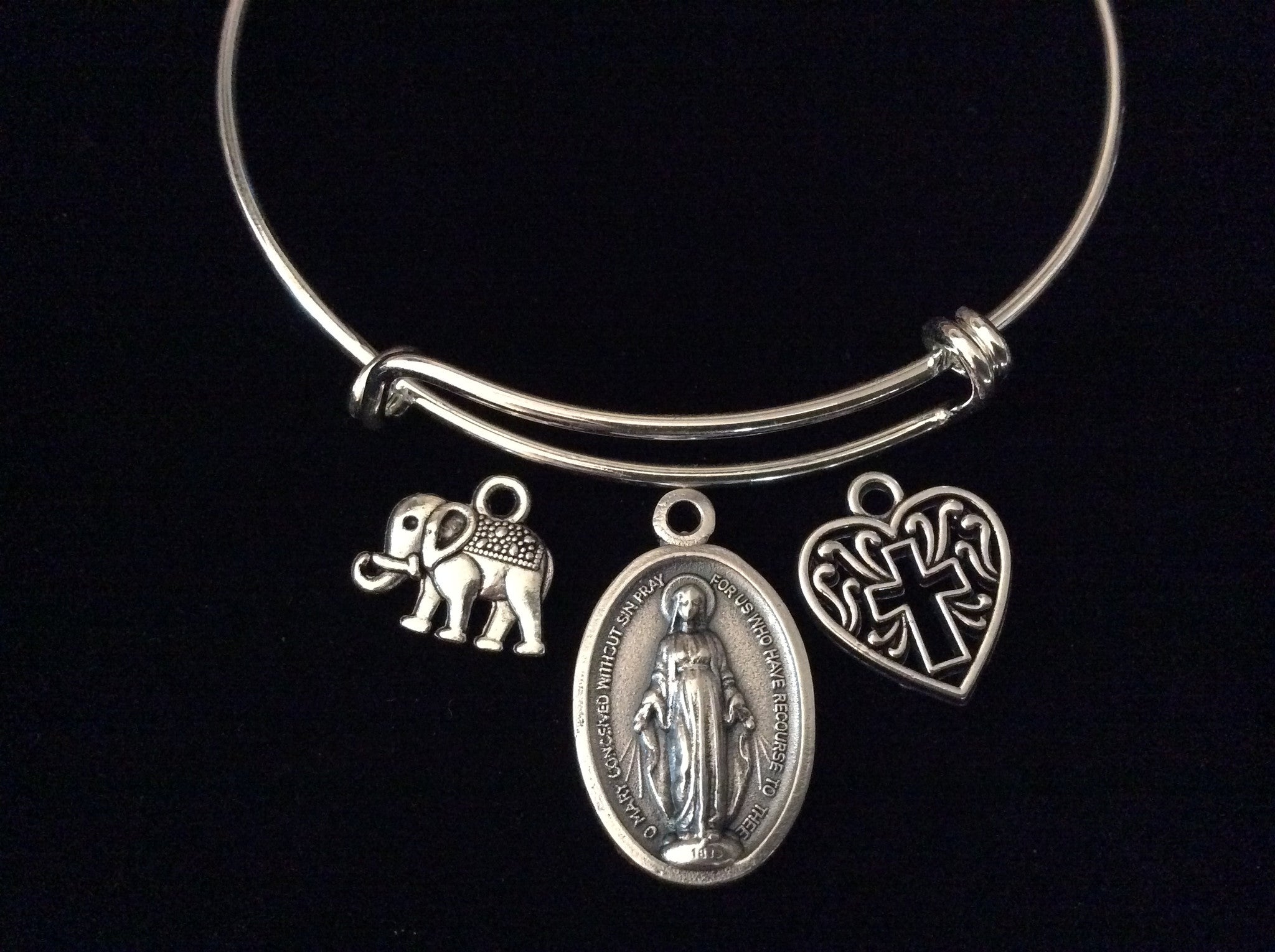 Miraculous Medal Virgin Mary Elephant and Filigree Heart Cross S