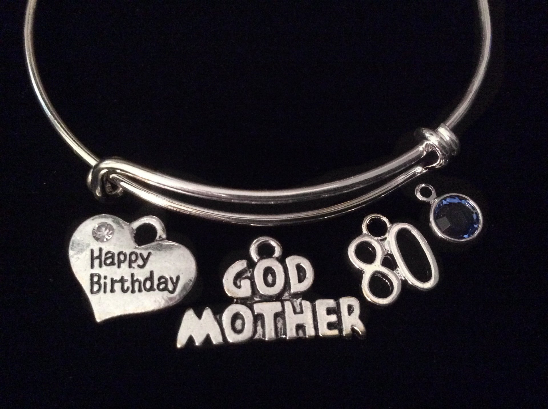 Happy Birthday 80th Godmother with Birthstone Silver Expandable Charm Bracelet Adjustable Bangle Tre