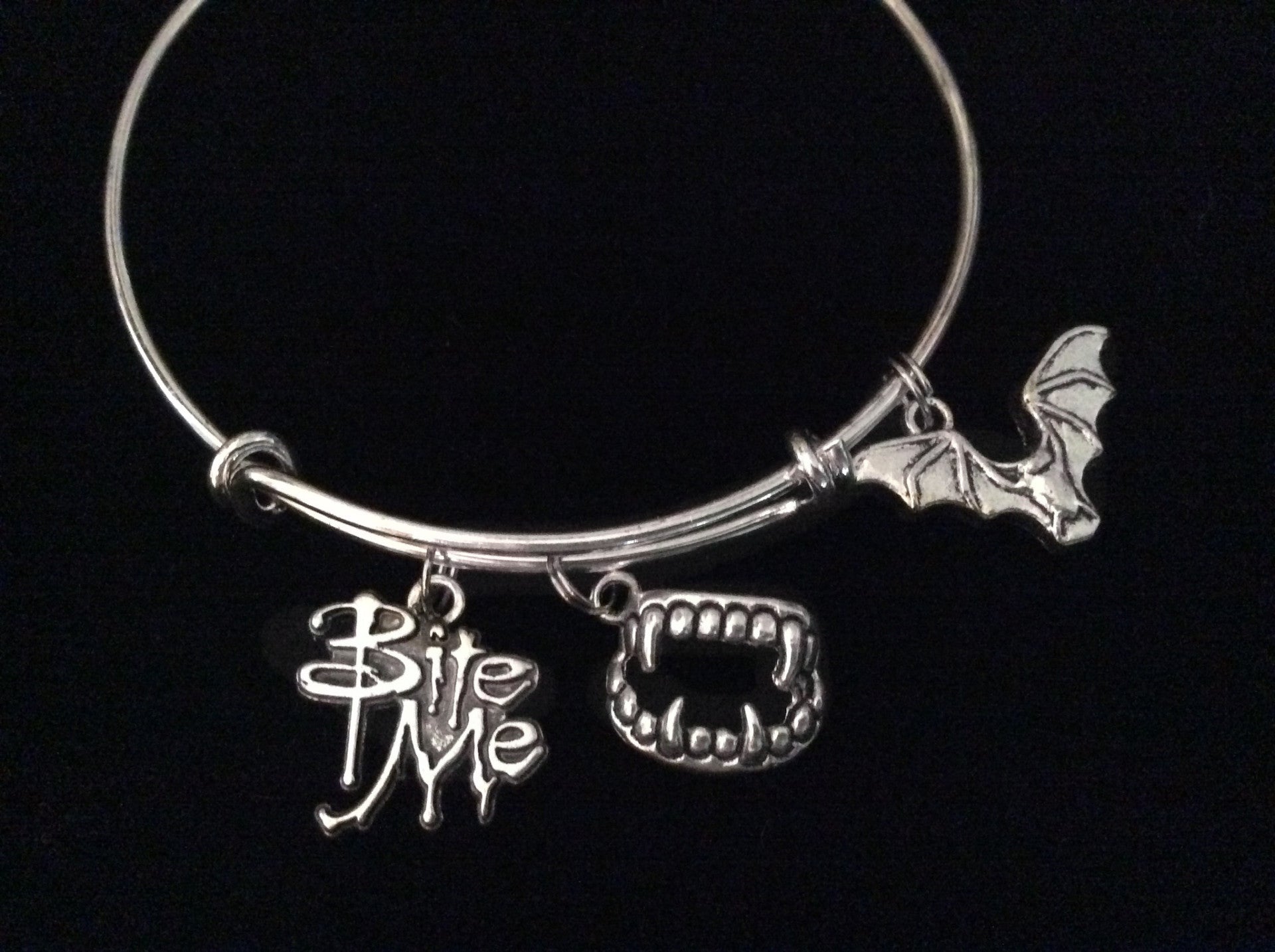 Bite Me Charm with Vampire Teeth Bat Silver Expandable Charm Bracelet Halloween Costume Hostess Gift