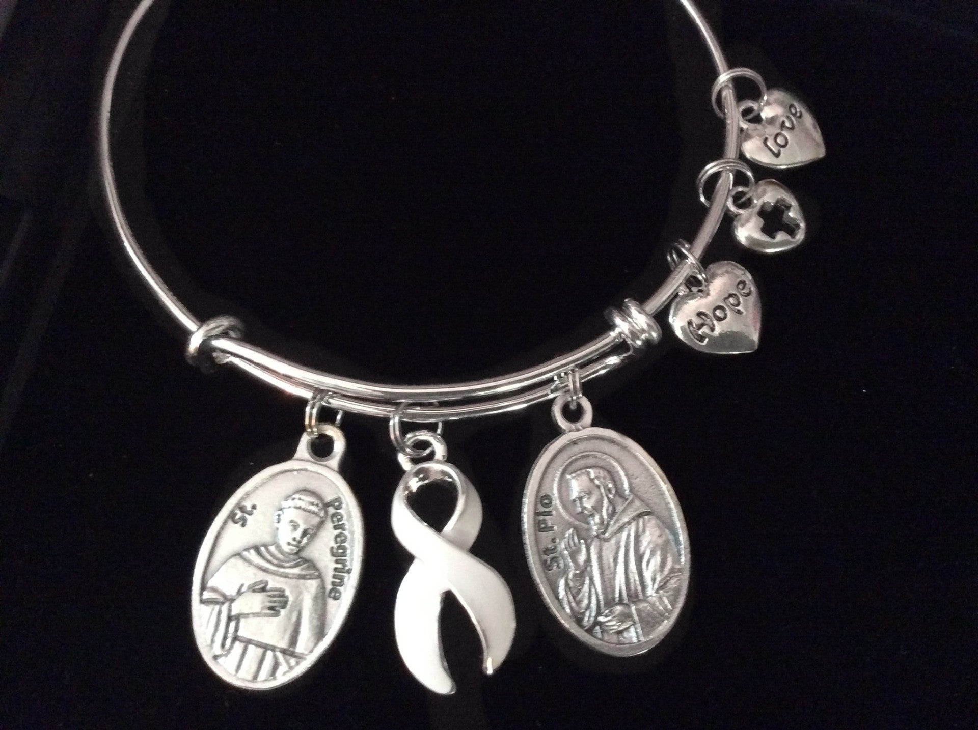 Saint Pio and Saint Peregrine Hope Love Awareness Silver Expandable Bracelet Double Sided Adjustable